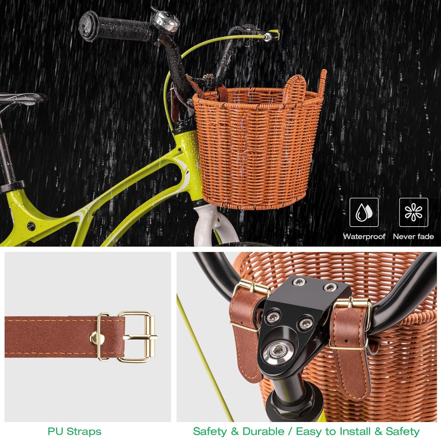 CXWXC Kids Bike Basket - Front Bicycle Bike Basket for Boys Girls - Handmade Woven Wicker Bike Baskets Adjustable PU Straps (Brown)