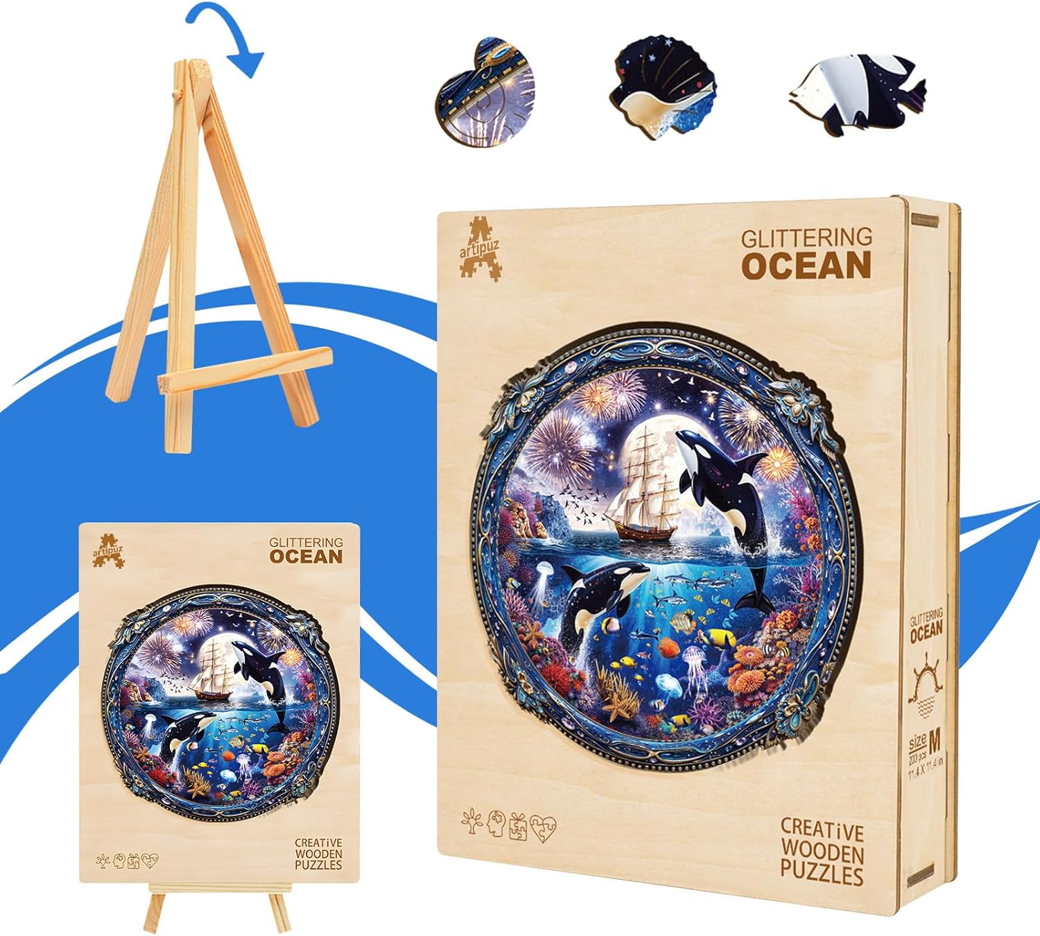 Wooden Puzzles for Adults - Glittering Ocean Wooden Puzzle, Unique Shape Wood Jigsaw Puzzle for Adults, Wood Puzzles Adult, Gifts for Family, Wall Art Home Decor (270pcs 13.4 * 13.3in L)