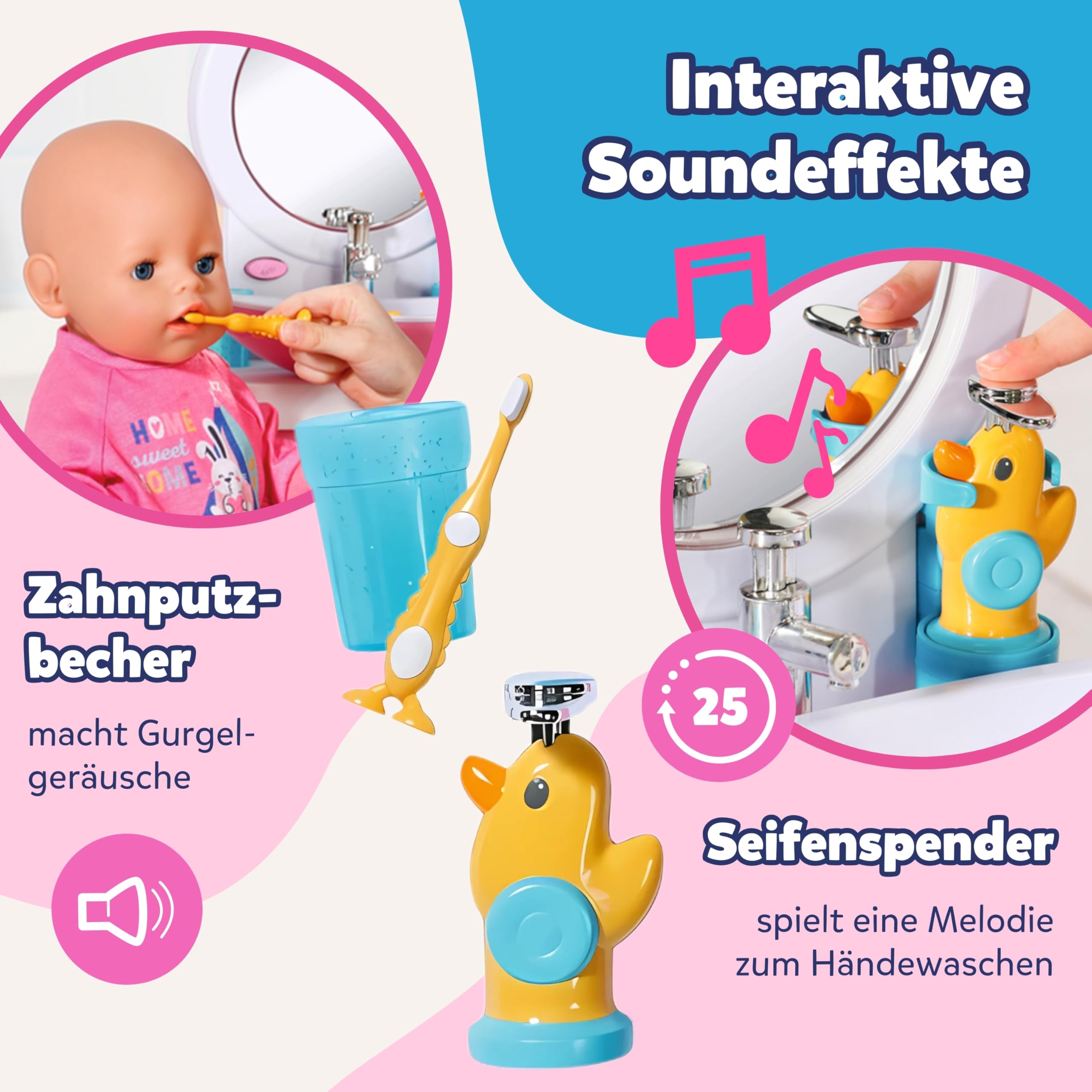 BABY Born Waschtisch - Interaktiver Puppenwaschtisch mit Licht- & Soundfunktion - Hochwertiges Puppenzubehör - Inkl. Zahnbürste, Zahnputzbecher, Seifenspender & Handtuch