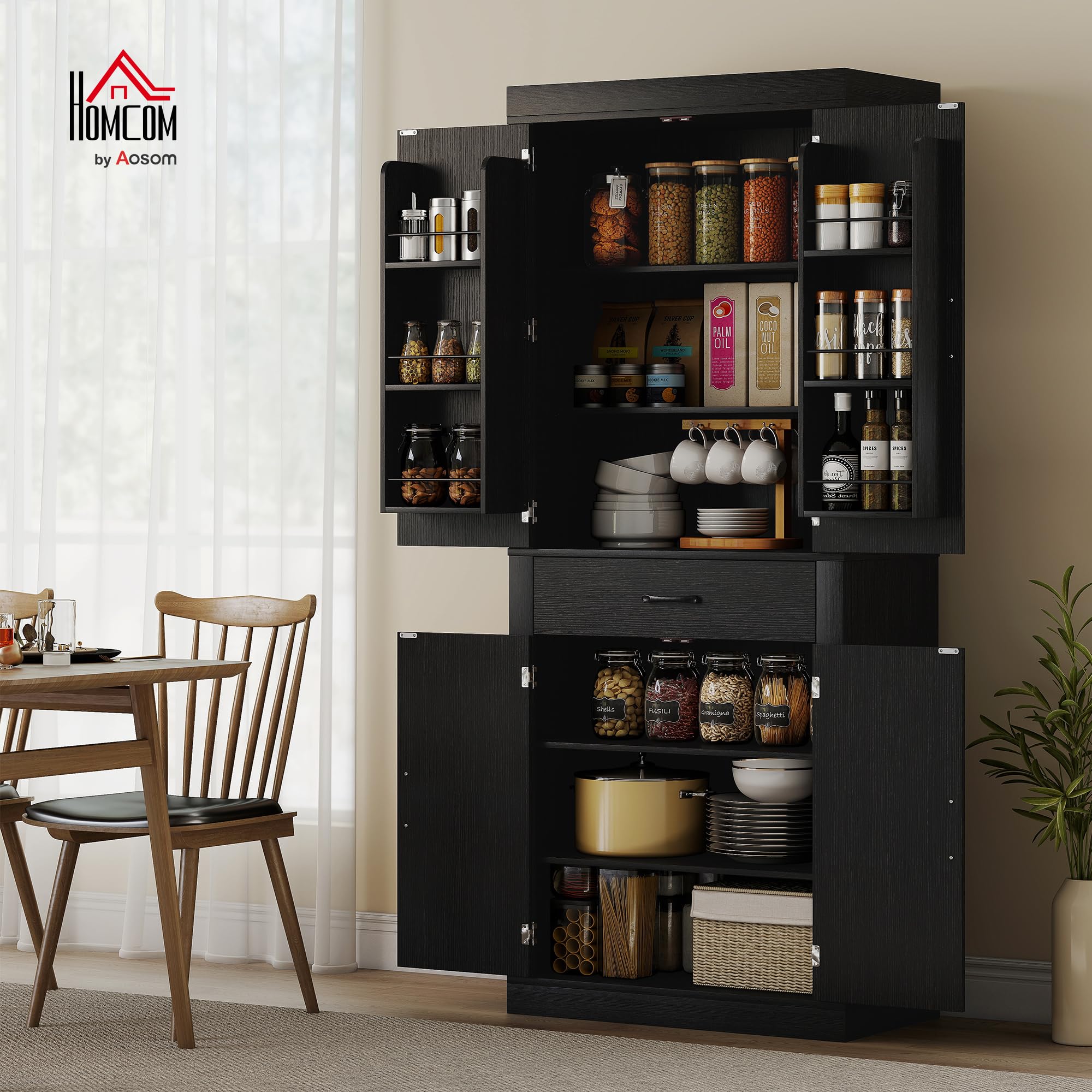 HOMCOM Credenza Cucina Alta 183.5 cm con 6 Portaspezie sulla Porta Nero