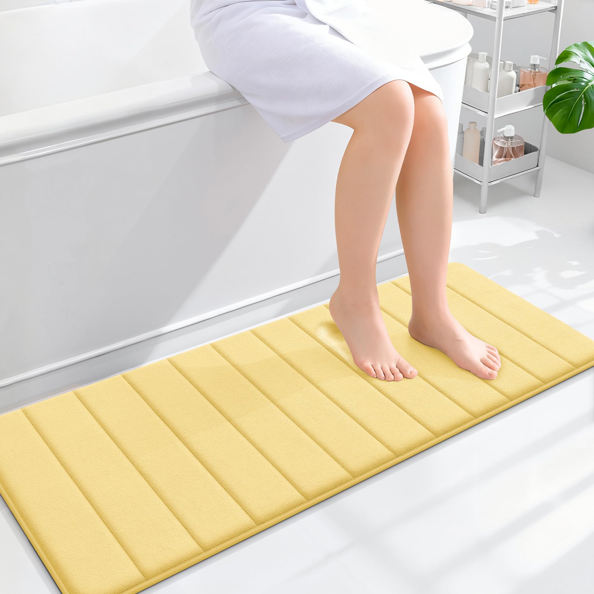 OLANLY Memory Foam Long Bathroom Rugs Runner 47x17, Super Soft Absorbent Bath Mat, Quick Dry, Machine Washable Shower Floor Rugs, Bathmat Carpet, Bathroom Home Decor Accessories, Yellow