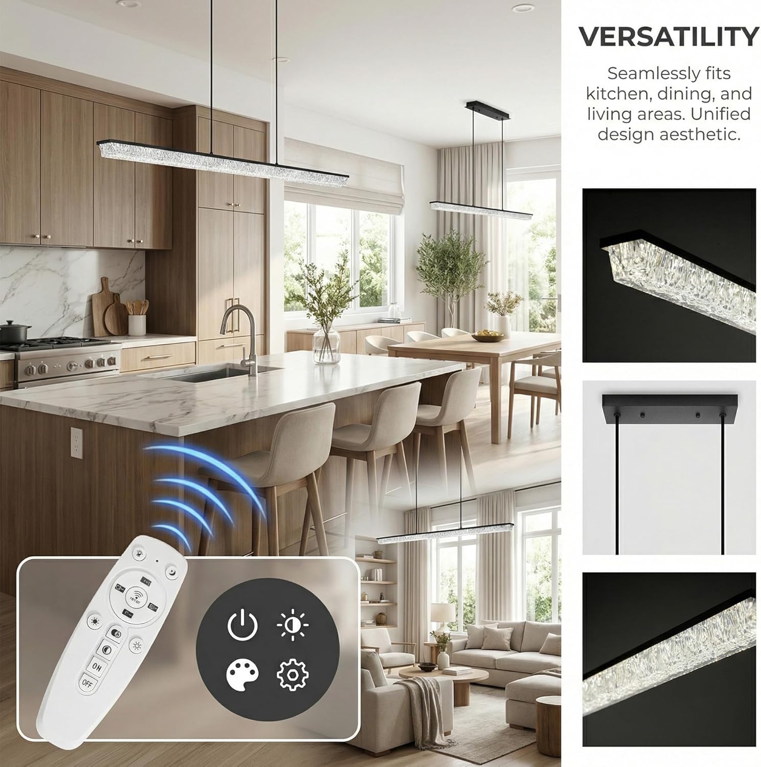 Modern LED Linear Crystal Pendant Light, 47IN Dimmable Ceiling Chandelier with Remote Control, 3-Color Temperature Adjustable Hanging Light Fixture for Kitchen Island, Dining Room & Pool Table