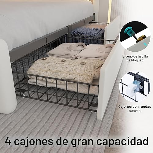 Miniatura 5 de Base de cama tamaño Queen con 4 cajones de almacenamiento y luces LED, plataforma tapizada con cabecera ajustable y estación de carga, soporte de