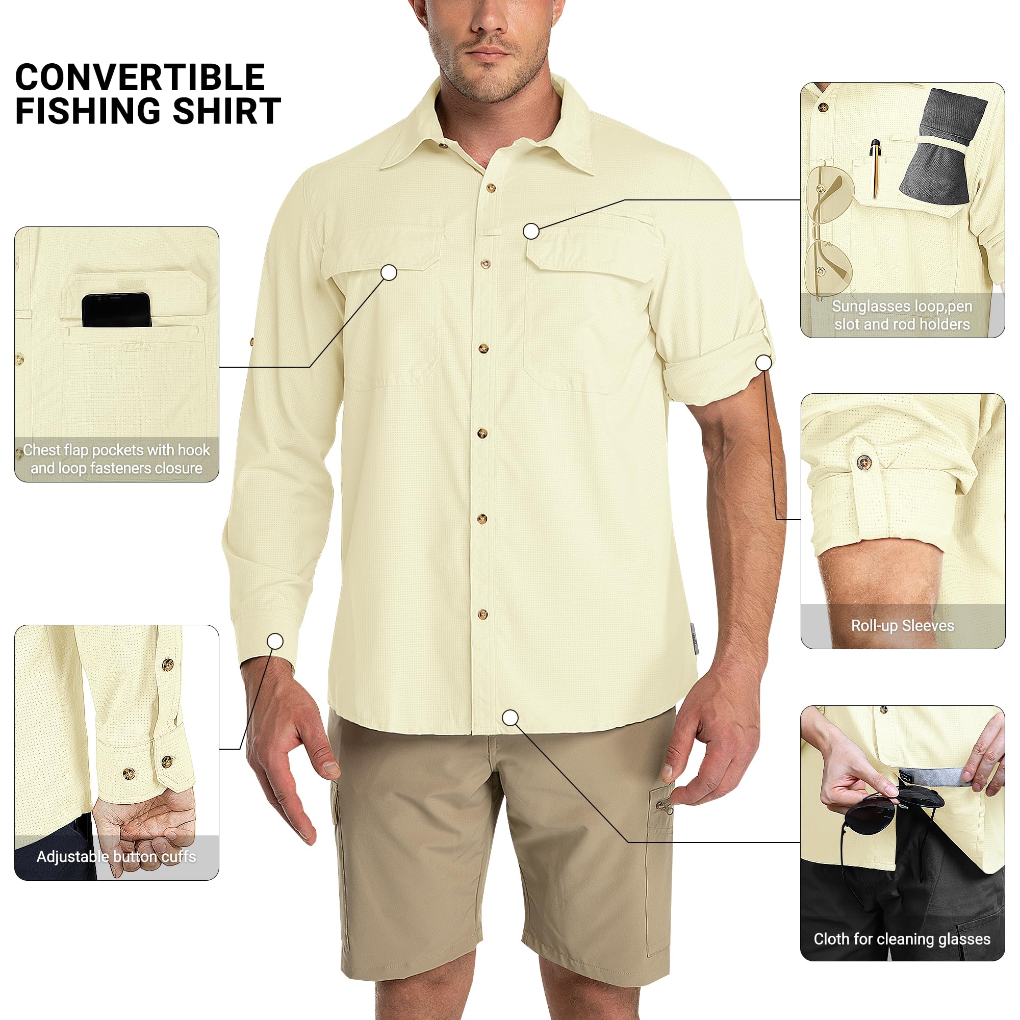 Outdoor Ventures Chemise à Manches Longues pour Homme - Chemise Fonctionnelle - Séchage Rapide - Décontractée - Respirante - Printemps Été - Automne - avec Poches
