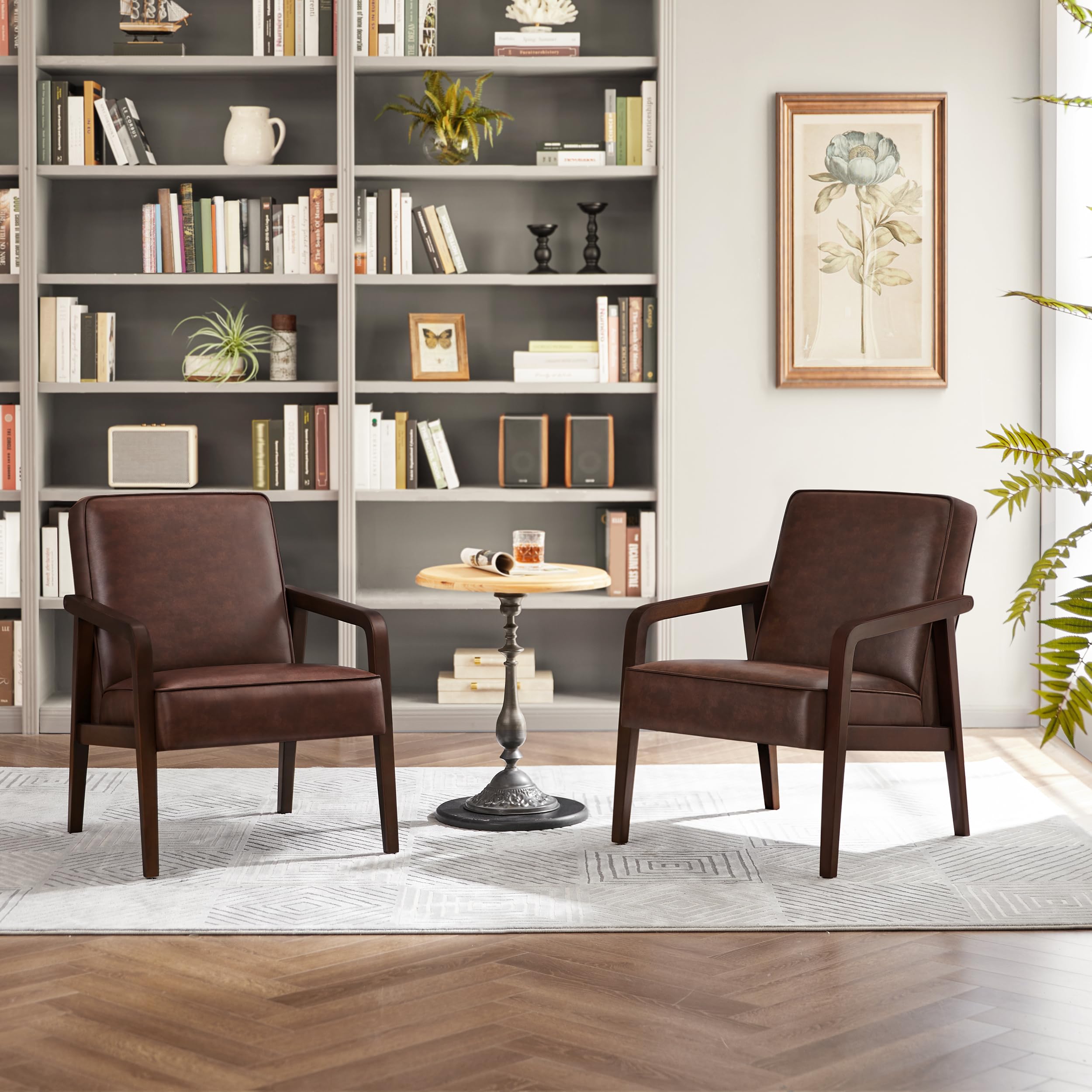 Yaheetech Sillón para Salón Piel Sintética con Pata de Madera Marrón Oscuro | Silla para Dormitorio con Reposabrazos, Sillón Relax, Capacidad de 136 kg, Fuerte Marco de Madera de Caucho