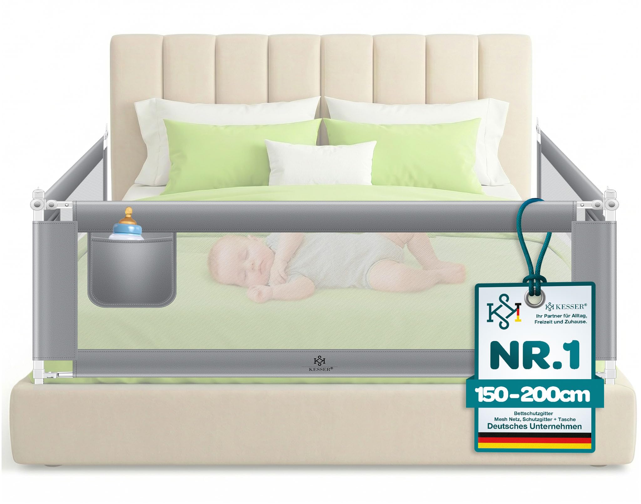 KESSER® Bettschutzgitter 150 cm, Rausfallschutz Bett & Bettgitter Kinderbett, klapp- & höhenverstellbar, Kindersicherung Baby Fallschutz, Mesh Netz, Kinderbett Schutzgitter + Tasche, Hellgrau