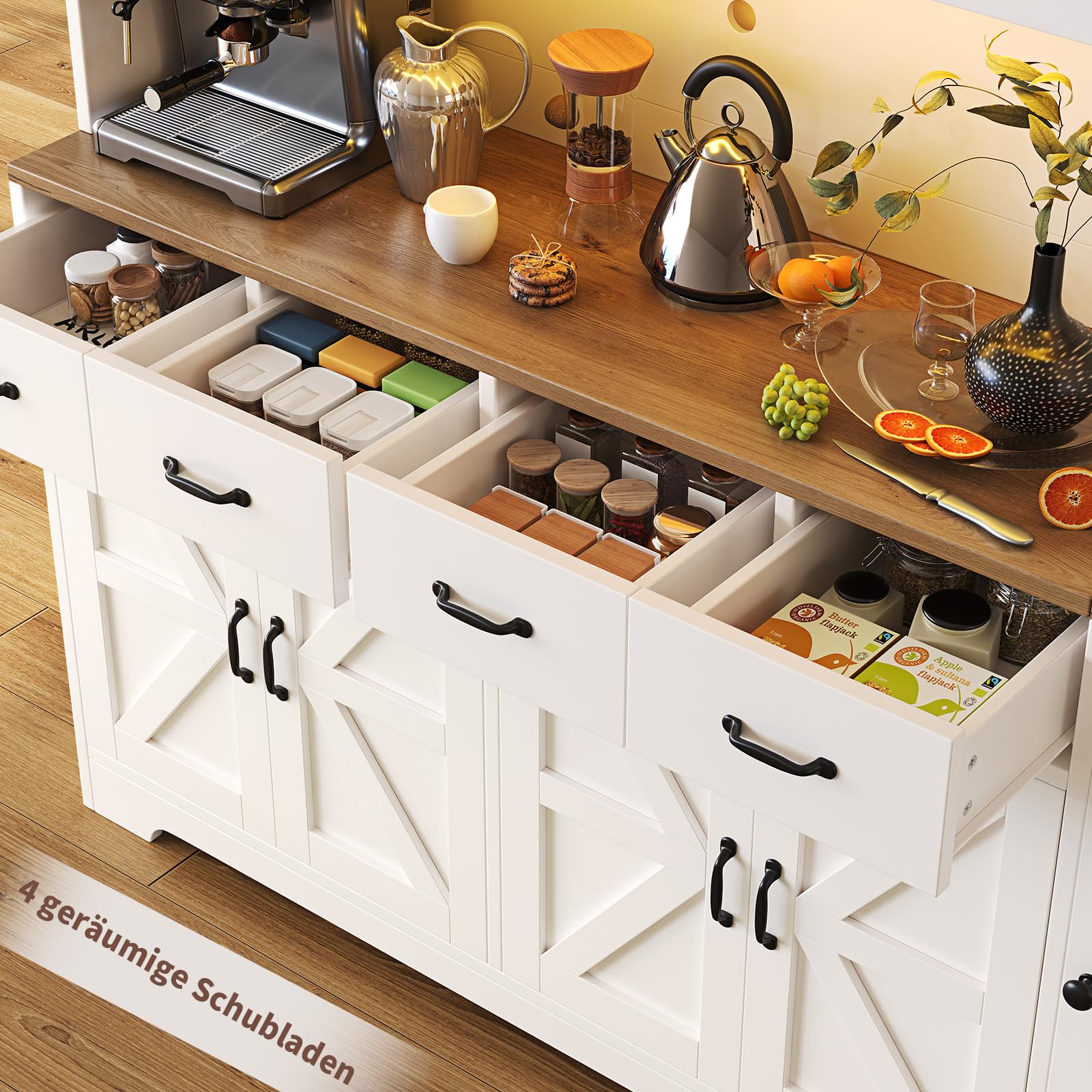 FUSOU Küchenschrank 180 cm LED Ladestation 4 Schubladen 6 Fächer – Vorratsschrank Landhausstil, Küchenschrank mit Arbeitsplatte Esszimmer verstellbare Böden Weiß