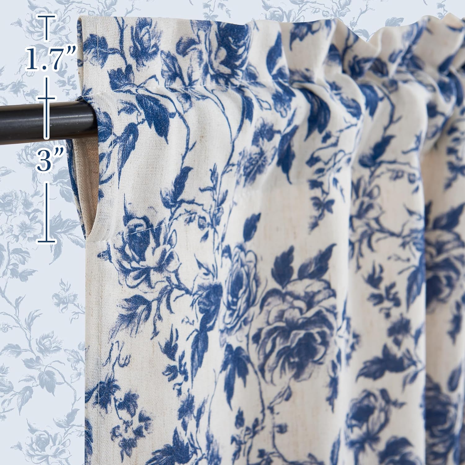 StangH Valance Curtains for Living Room/Cabinet,Floral Pattern Short Curtains Farmhouse Rustic Vintage Decor Room Darkening Rod Pocket Window Treatment,Blue,W52 x L18,1 Panel
