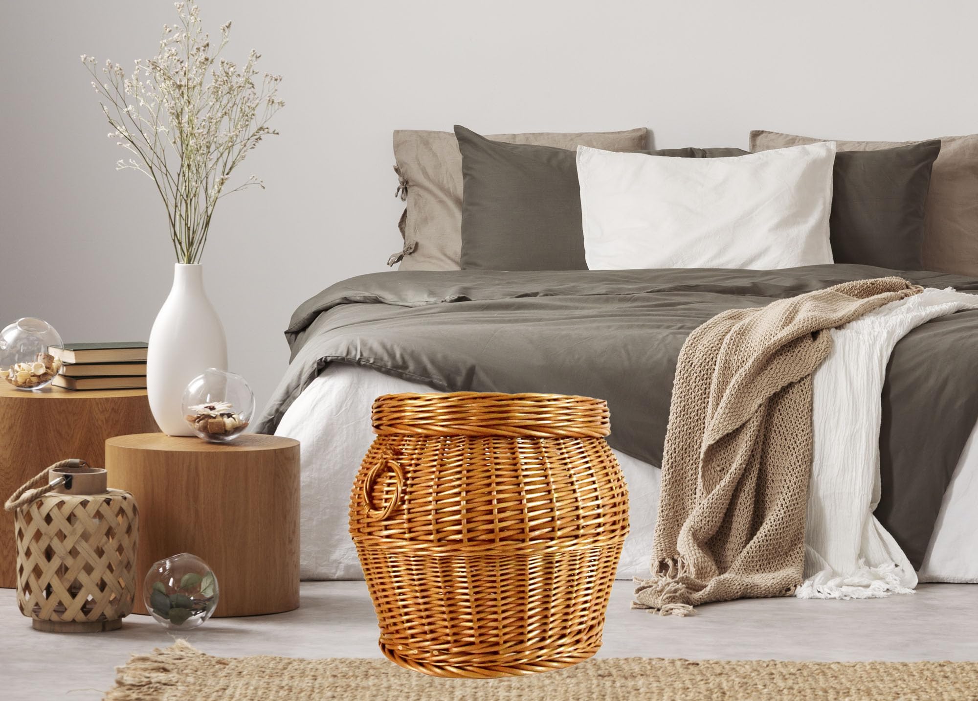Pouf Hocker aus Weide rund braun mit Stauraum K7-148 | Deckel, Griffe, Wäschebox, Handarbeit