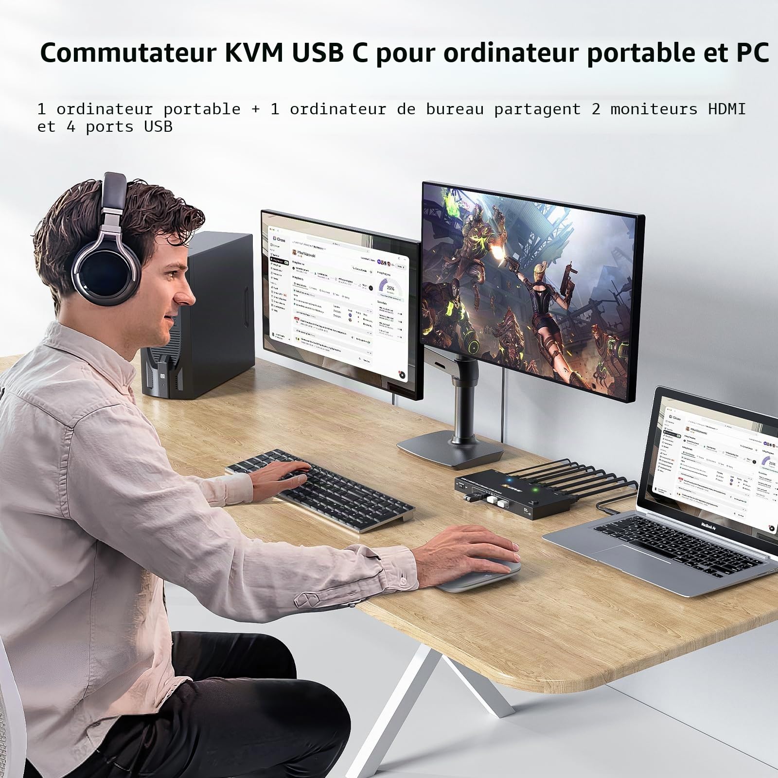 KVM Switch Laptop PC 2 Moniteur, KVM Switch 2 PC 2 Monitor USB C DP HDMI Partage 4 USB 3.0 Ports, 4K@60Hz, MST, PD 60W, Wired Remote(4K USB C DP HDMI 2 in 2 out KVM)