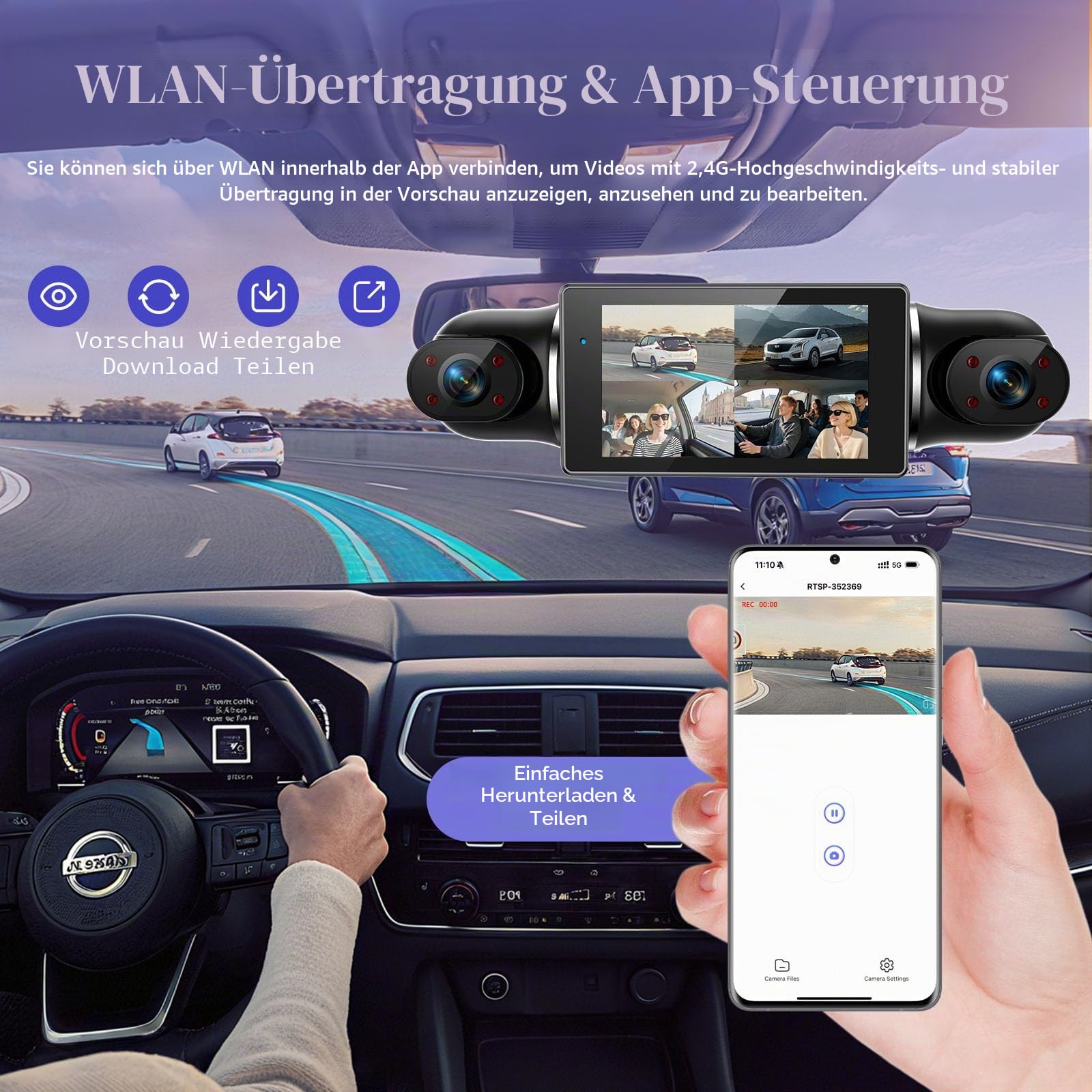 4K dashcam Auto vorne hinten 4 Kanal Dash cam mit 3" IPS-Bildschirm