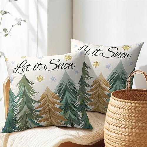 Miniatura 5 de Juego de 2 fundas de almohada de árbol de Navidad de 18 x 18 pulgadas, fundas de almohada de invierno Let it Snow, diseño de copos de nieve, funda