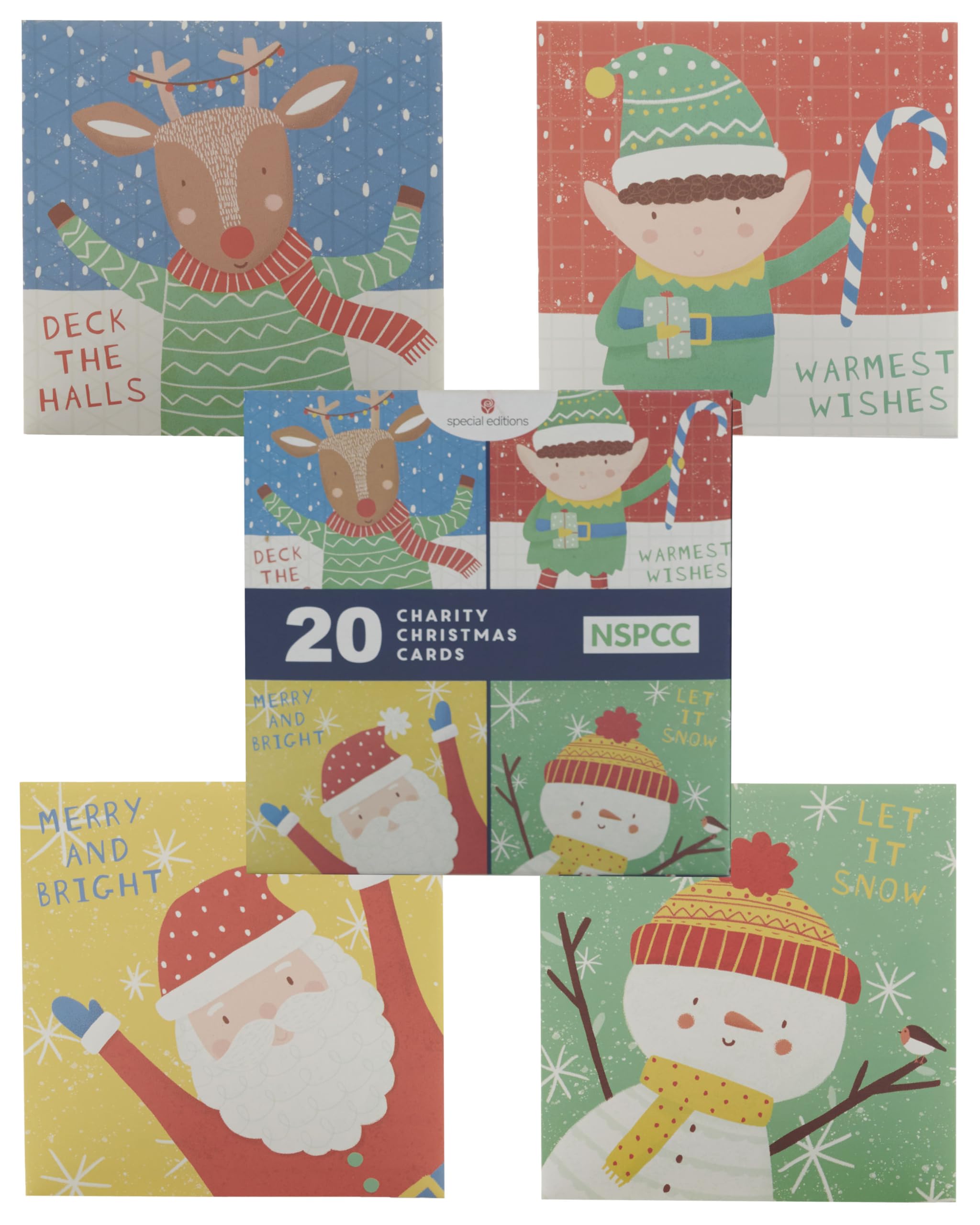 UK Greetings Caja de 20 tarjetas de Navidad NSPCC de dibujos animados de Papá Noel y amigos en 4 diseños