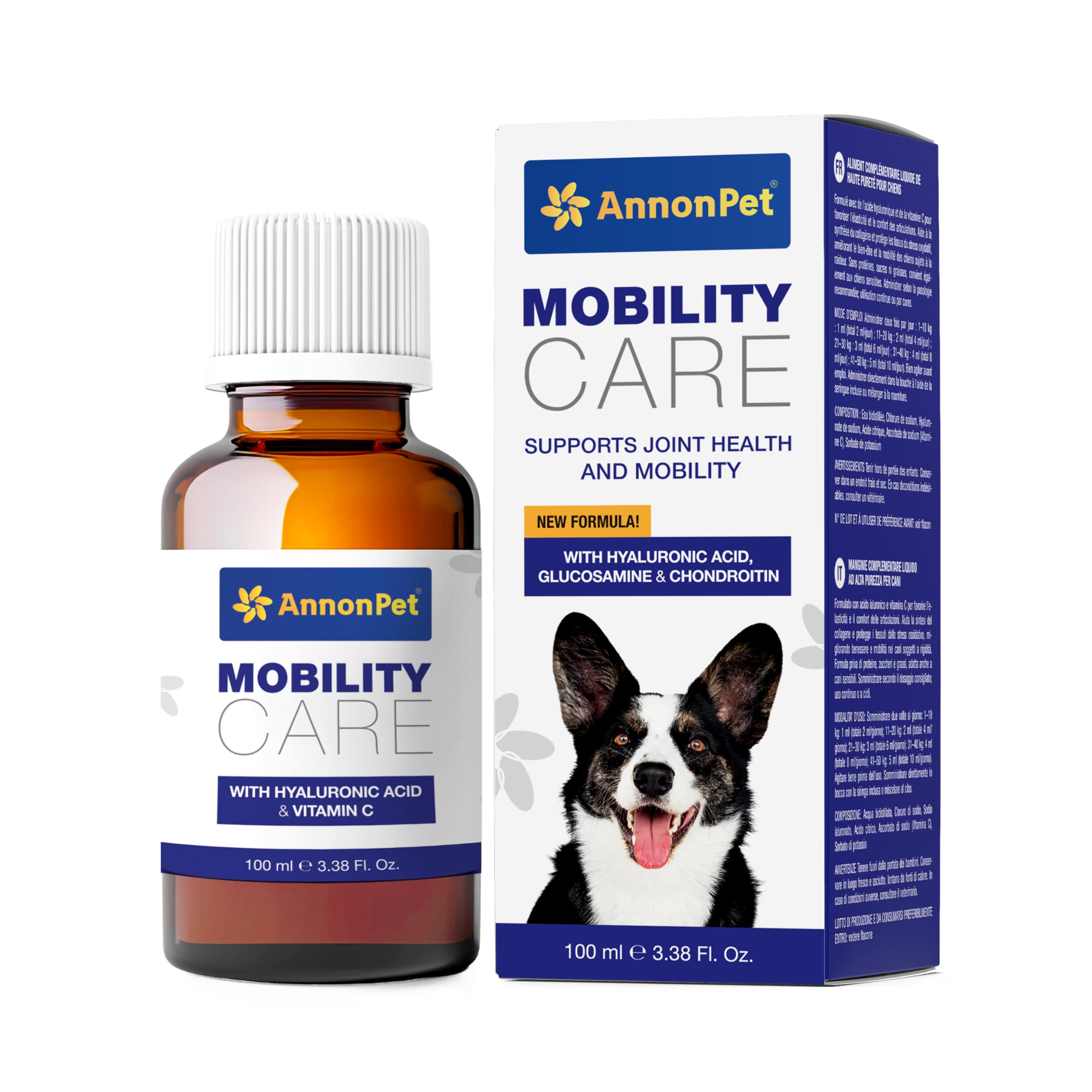 Mobility Care Complément Articulaire Liquide pour Chiens avec Acide Hyaluronique Pur et Vitamine C | Soutien Naturel pour Mobilité, Arthrose, Arthrite et Dysplasie | 100 ML avec Doseur