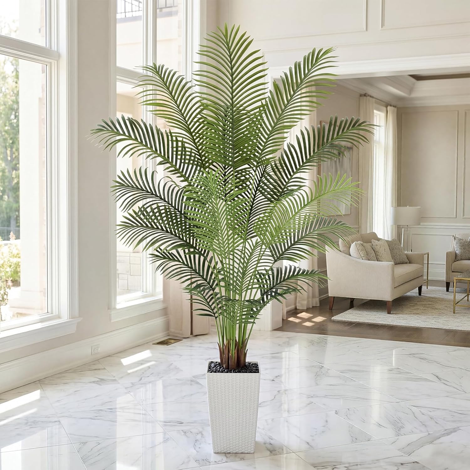 7ft Artificial Palm Tree with White Planter - Tall Fake Palm Tree Indoor Fake Tropical Plant for Home Office Living Room Bedroom Modern Decor