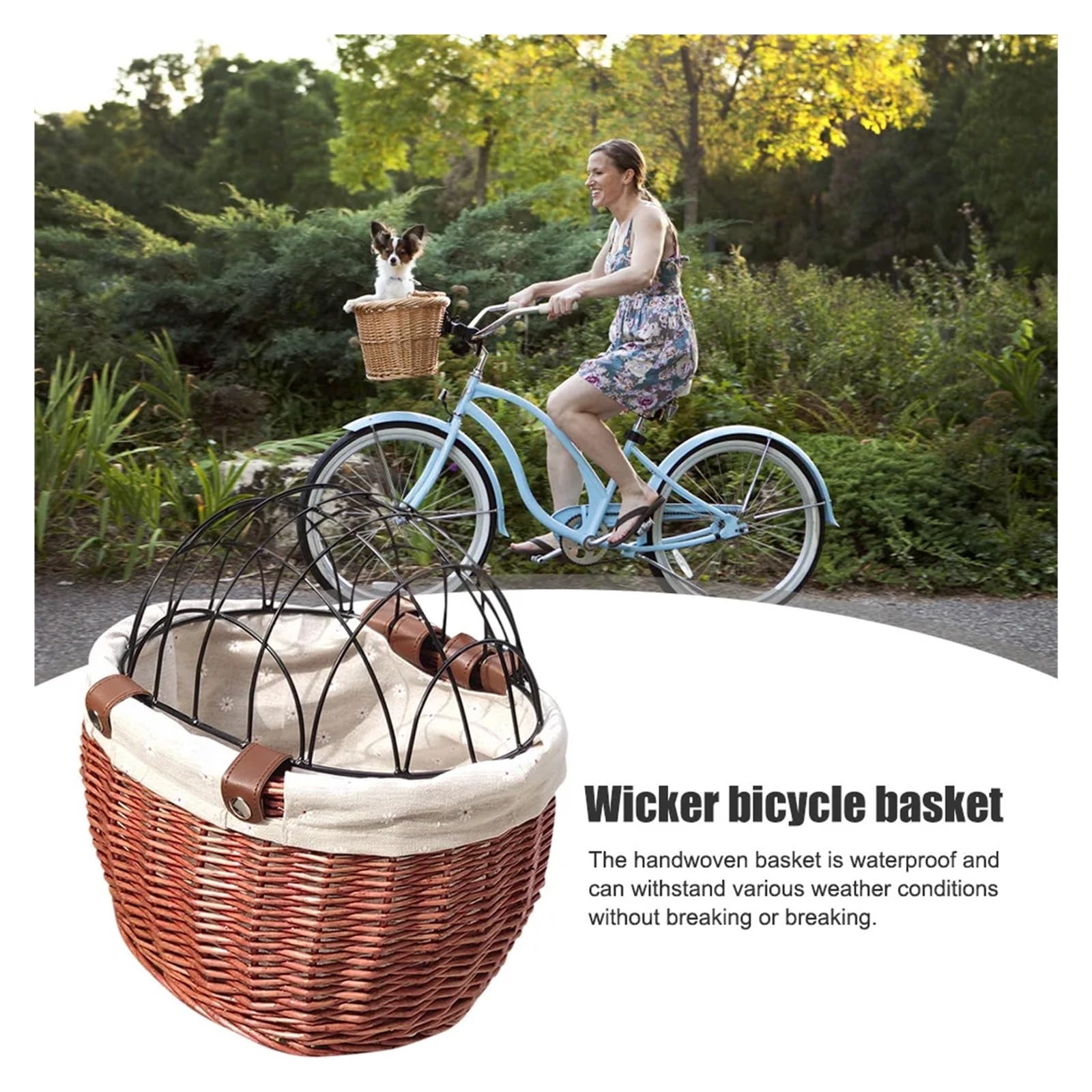 Fahrradkorb für Hunde Fahrrad-Frontkorb aus Weidengeflecht, for Haustiere, Katzen, Hunde, Fahrradkorb, Lenker, Fahrradtasche, Fahrradträgertasche mit Deckel, Fahrradaufbewahrungskorb
