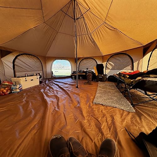 Miniatura 4 de ShinHye Tienda de campaña Campana de 16.4 pies para glamping y camping, lona impermeable con gato de estufa, suelo extraíble y 8 ventanas de malla