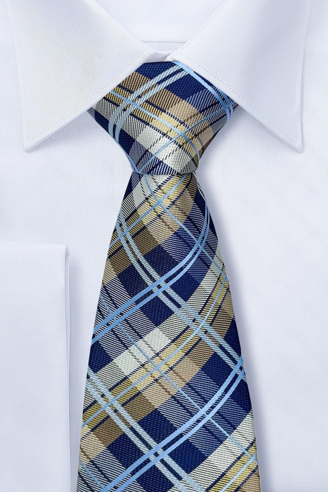 Corbata de microfibra tejida a cuadros tartán para hombre, Azul marino y caqui 2