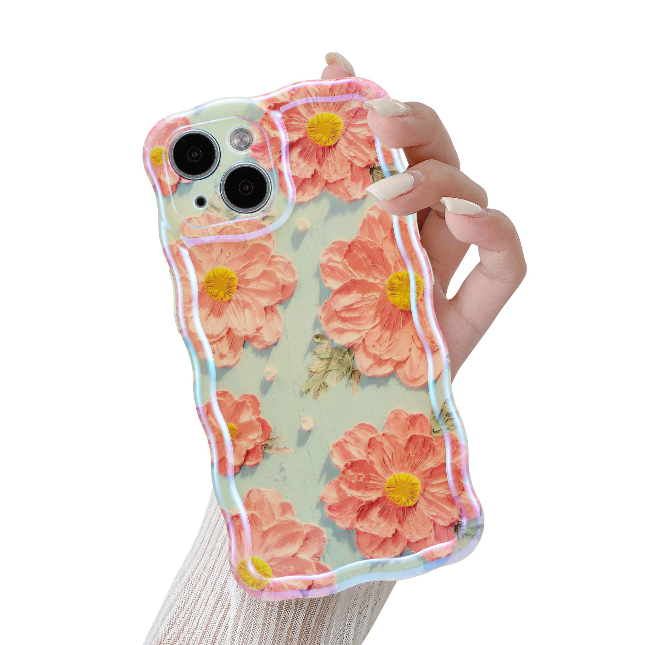 QLTYPRI Case for iPhone 15, Laser Colorful Retro Oil Painting Flower Pattern Cute Curly Wave Frame Exquisite Phone Case for Girls Women, Shockproof