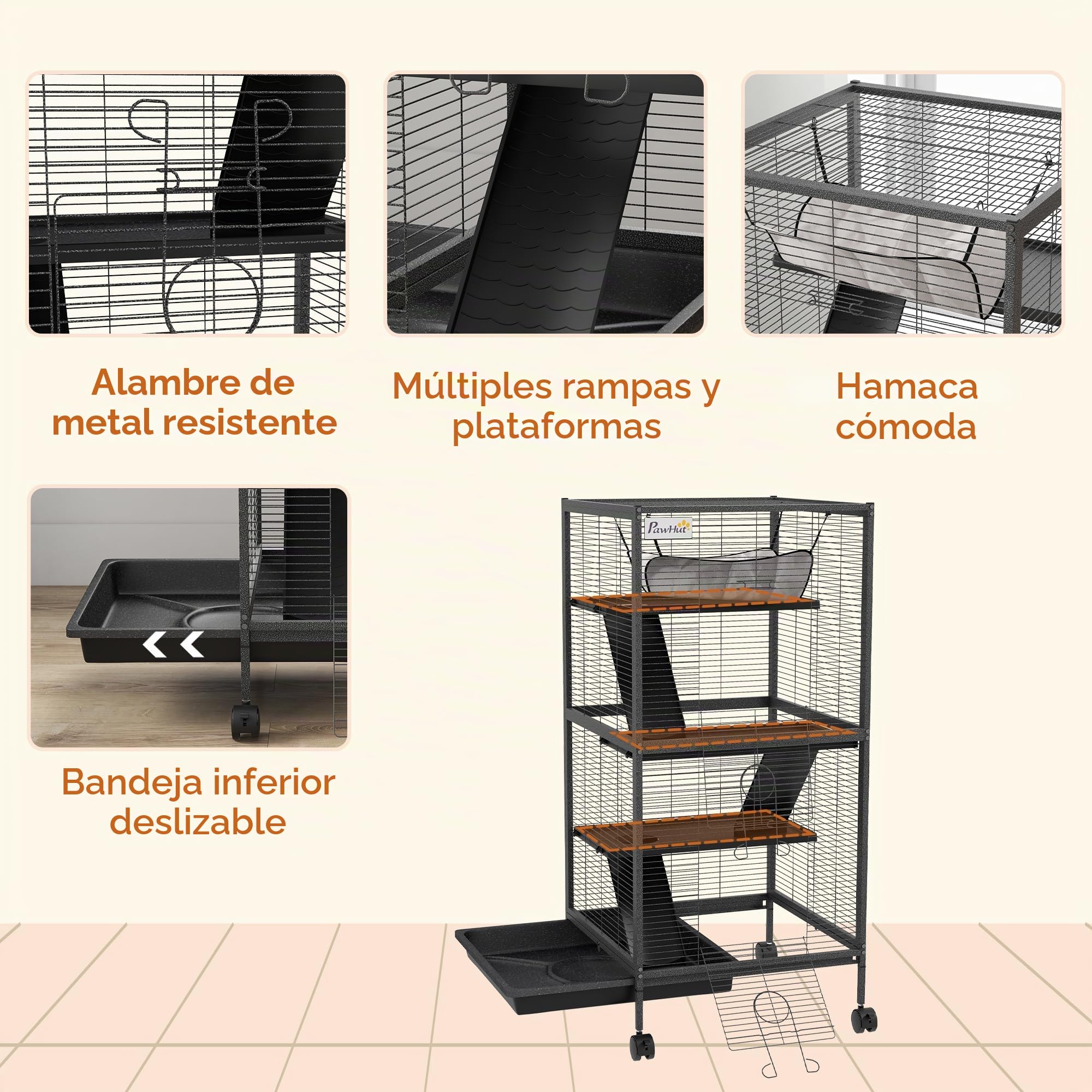 PawHut Jaula para pequeños roedores de acero, jaula para cobayas y chinchillas con 3 pisos, 4 ruedas, hamaca y bandeja extraíble, 52 x 52 x 113,5 cm, gris