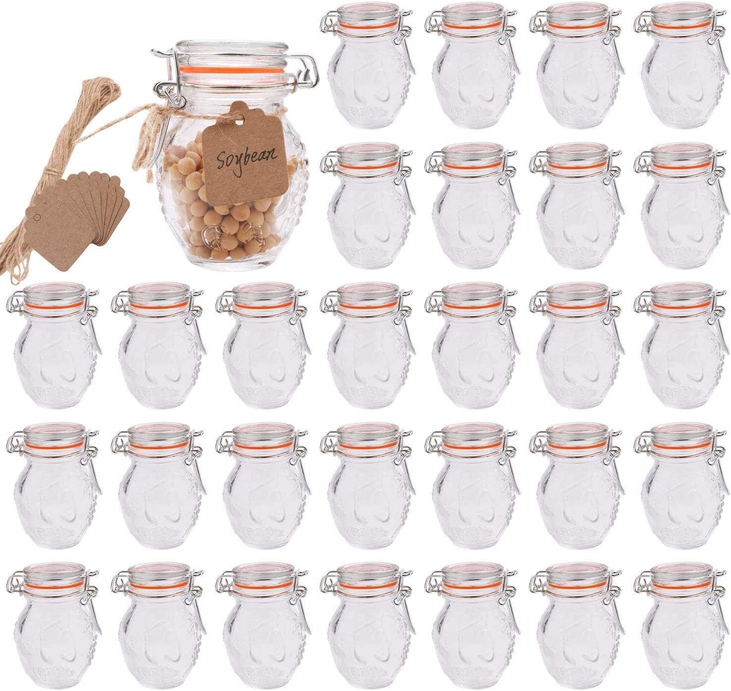Encheng Small Spice Jars, Glass Jars With Airtight Lids 4 oz And Leak Proof Rubber Gasket,Small Mason Jars With Hinged Lids For Kitchen,Mini Storage Containers With Twine And Tags Labeling 30 Pack
