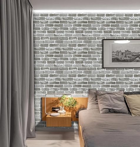 Miniatura 4 de Timeet Papel tapiz de ladrillo gris, papel tapiz de ladrillo de 17.7 x 118.11 pulgadas, autoadhesivo, extraíble, de ladrillo sintético, para