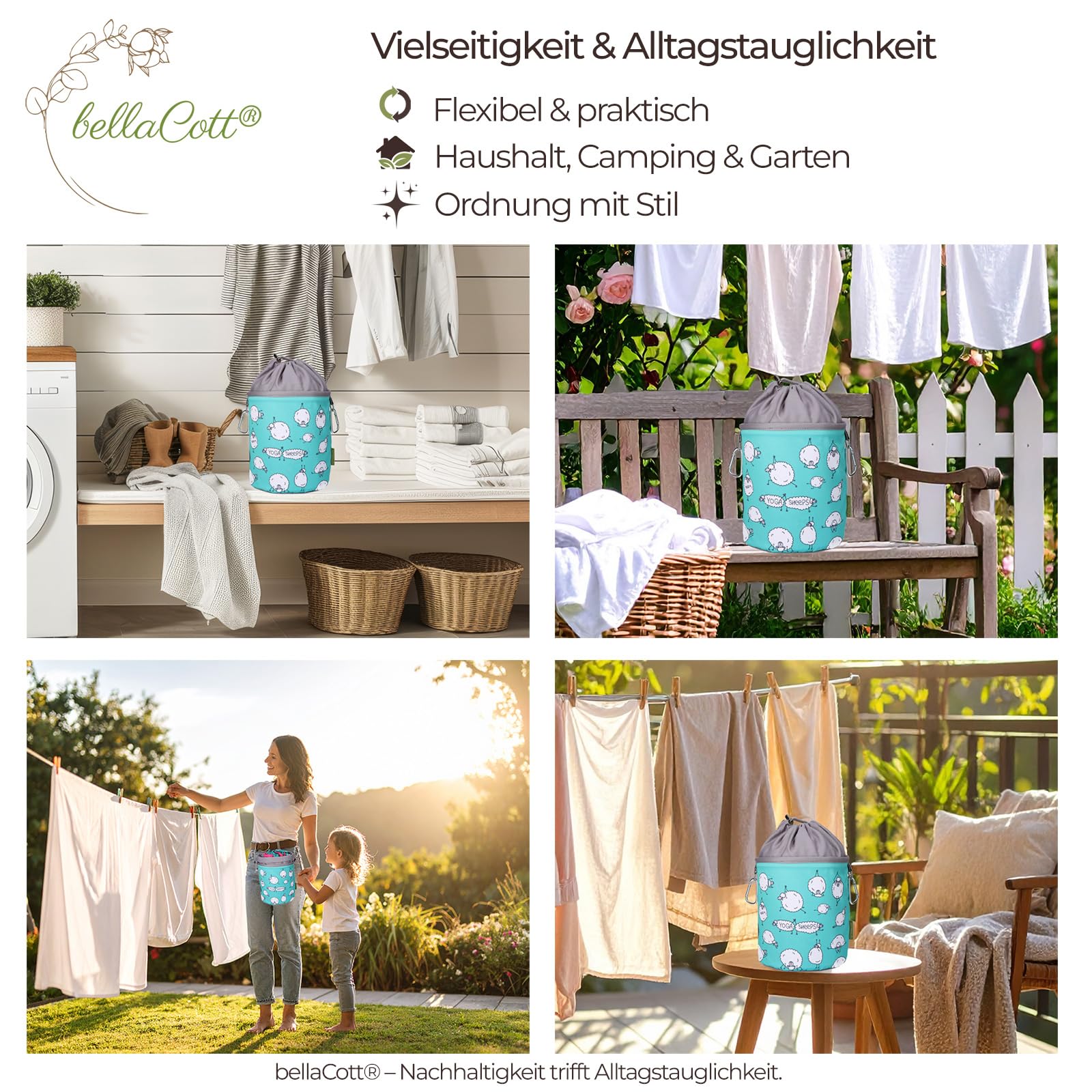 96 Softgrip Wäscheklammern Set Silber-anthrazit mit Wäscheklammerbeutel aus Baumwolle Yoga-Schafe Design, rutschfest, mit Karabiner & Kordelzug, waschbar