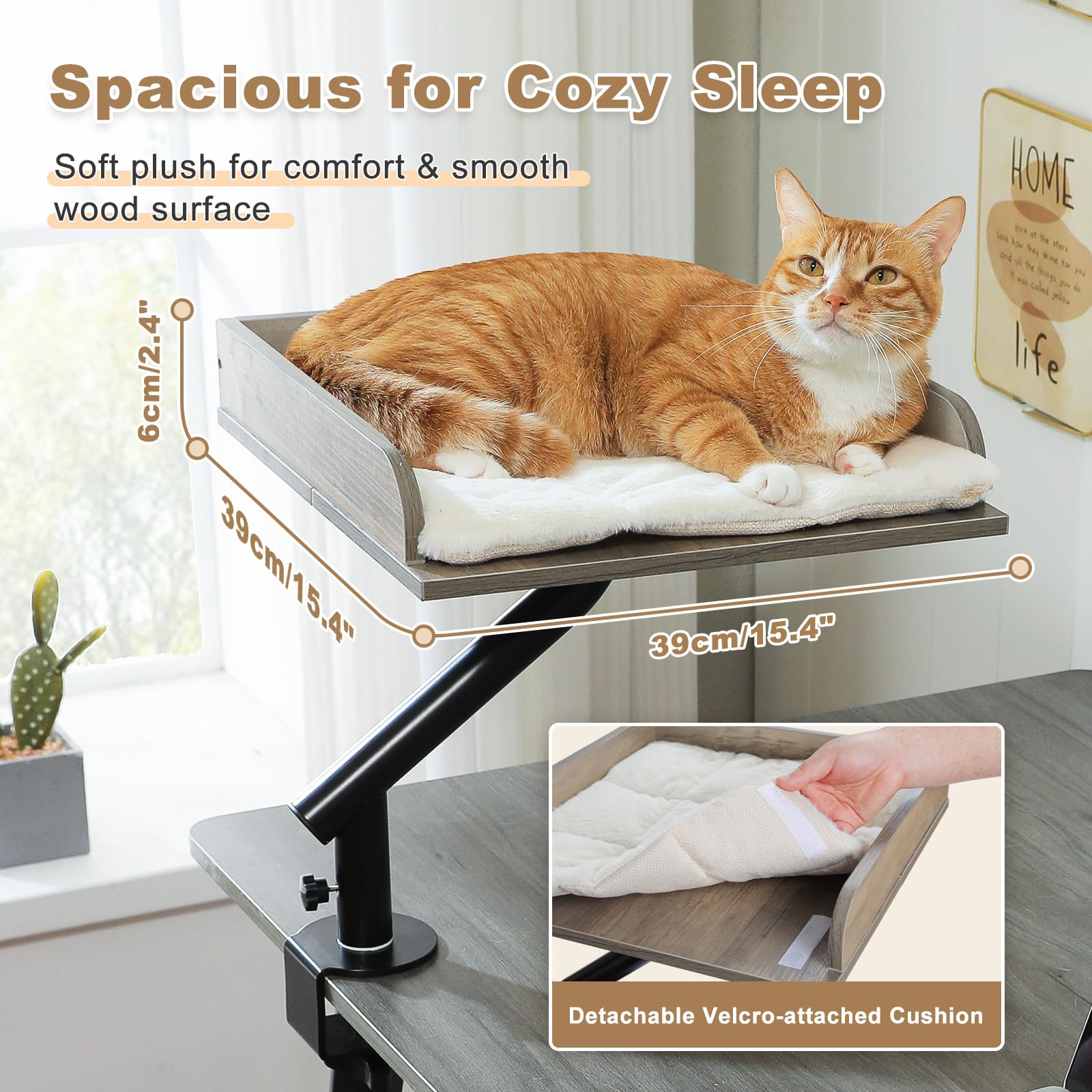 PAWZ Road Cama para Gatos de Escritorio, Cama de Madera para Interiores, Cesta para Gatos, giratoria 360° y Regulable en Altura, Hamaca para con rascador, soporta hasta 23 kg, Gris