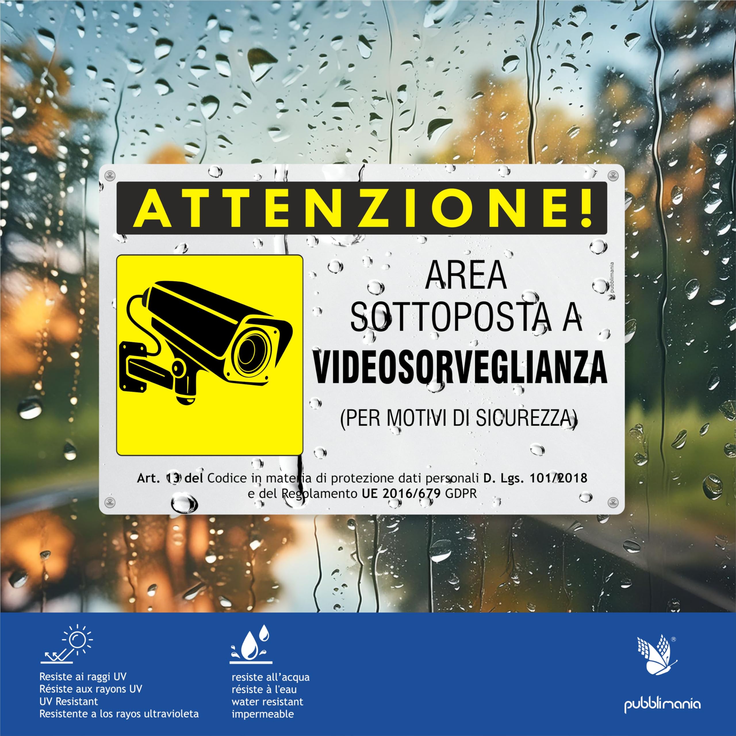 Pubblimania Cartello ATTENZIONE AREA VIDEOSORVEGLIATA ORIZZONTALE. Alluminio composito spessore 3 mm, per esterno/interno (Cm 15x20)