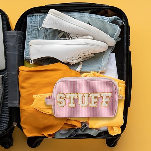 Miniatura 6 de Y1tvei Regalos de cumpleaños para mujeres y amigas  Bolsa de maquillaje grande y bonita de color rosa, bolsa de maquillaje a rayas, bolsa de viaje