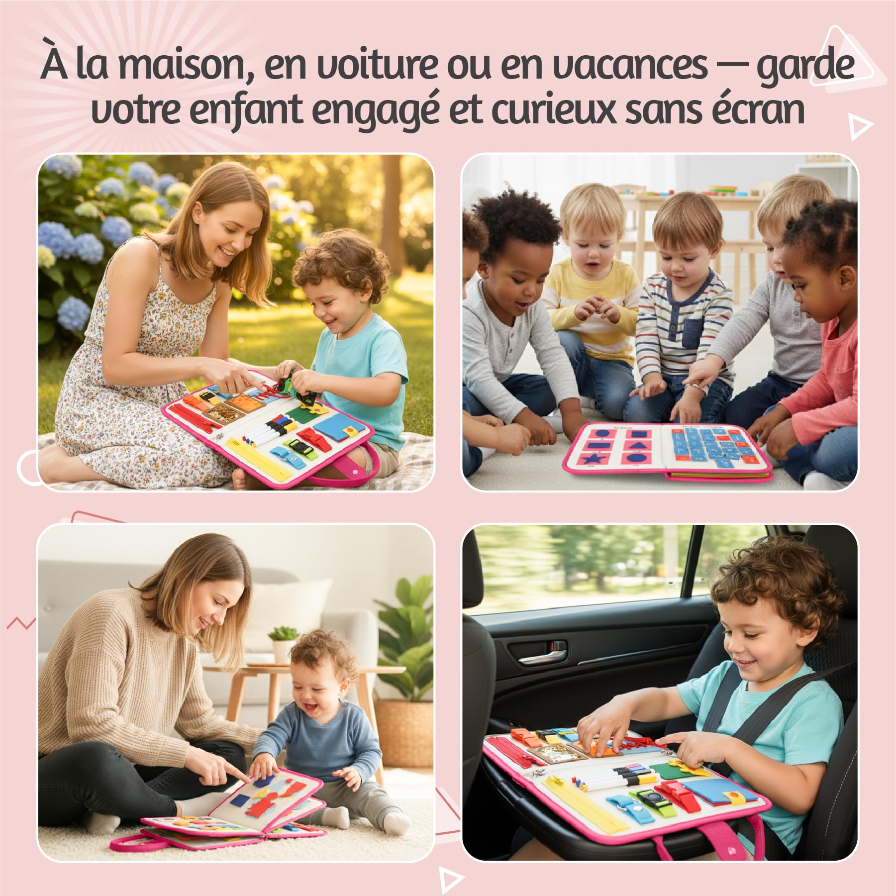 BusyBoard Montessori Français – Livre d’Activités Éducatif & Sensoriel – 2-6 Ans – 10 Pages Interactives – Montessori Authentique – Animaux, Formes, Lettres & Motricité (Rose)