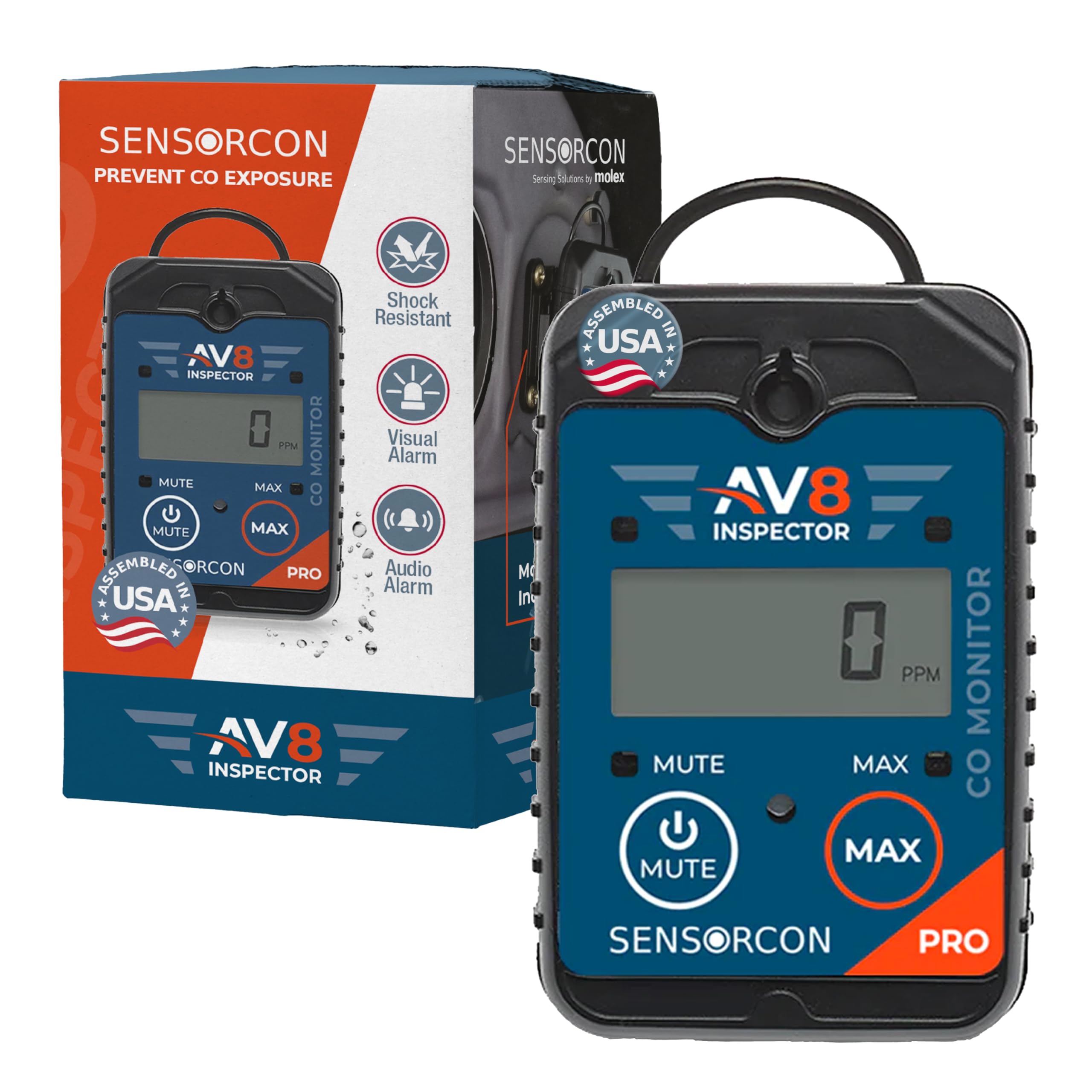 AV8 Inspector Pro Portable Carbon Monoxide Detectors for Aviation – Professional-Grade Carbon Monoxide Monitor with Visual, Audio and Vibration Alarms