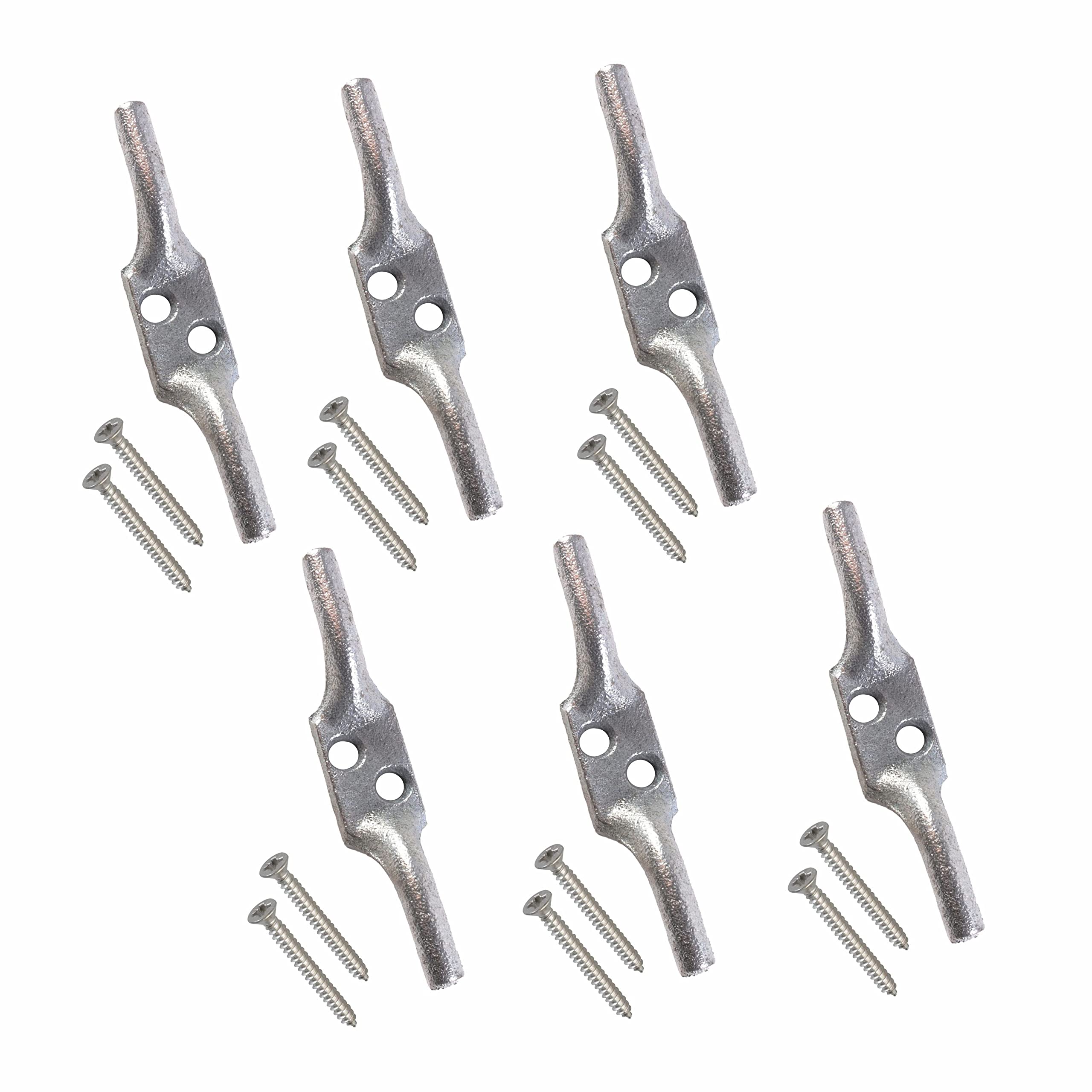 Sul Silver Cleat Hook 100Mm Heavy Duty Galvanised Rope Cord Cleat Hook, Flagpole Cleat Hook Trailer Rope Tiebacks Roman Blind Cord Hooks Cleat Hooks For Washing Line With Screws - 4 Inch (6 Pk)