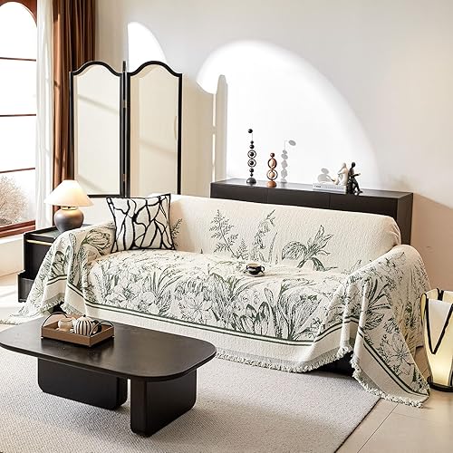 DREAMINGO Funda floral para sofá de 2 cojines, funda de felpa gruesa de 71 x 118 pulgadas, funda de sofá jacquard vintage con borlas para sala de