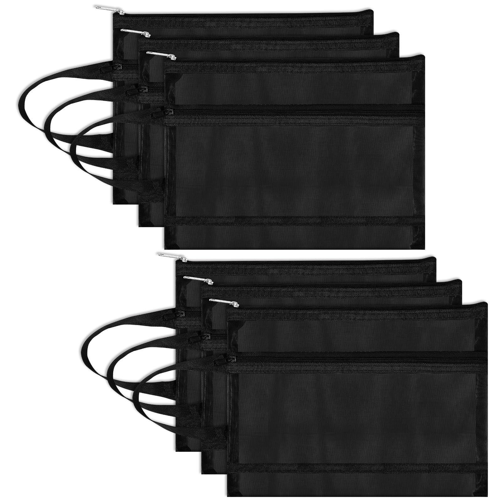 Fassave 6 Pack Mesh Zipper Pouch Bags, Double Layer Nylon Pouch with Handle for Office Travel Organization (Black, A5)