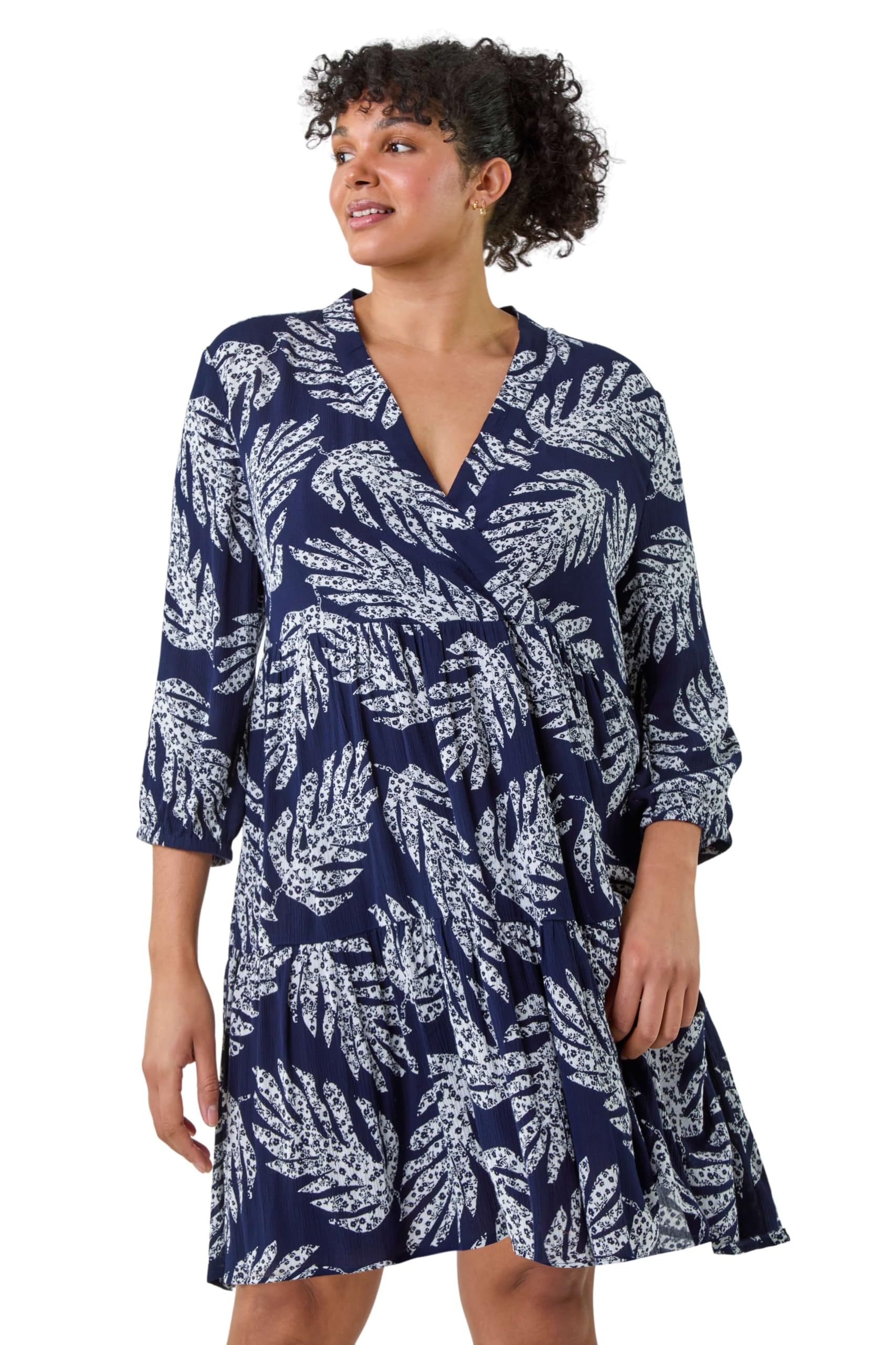 Roman Originals Women's Blue Roman Curve Leaf Print Wrap Smock Dress For Uk - Everyday Holiday Spring Summer V-Neckline Comfy Soft Evening Vacation Work Party - Navy Plus - Size 20