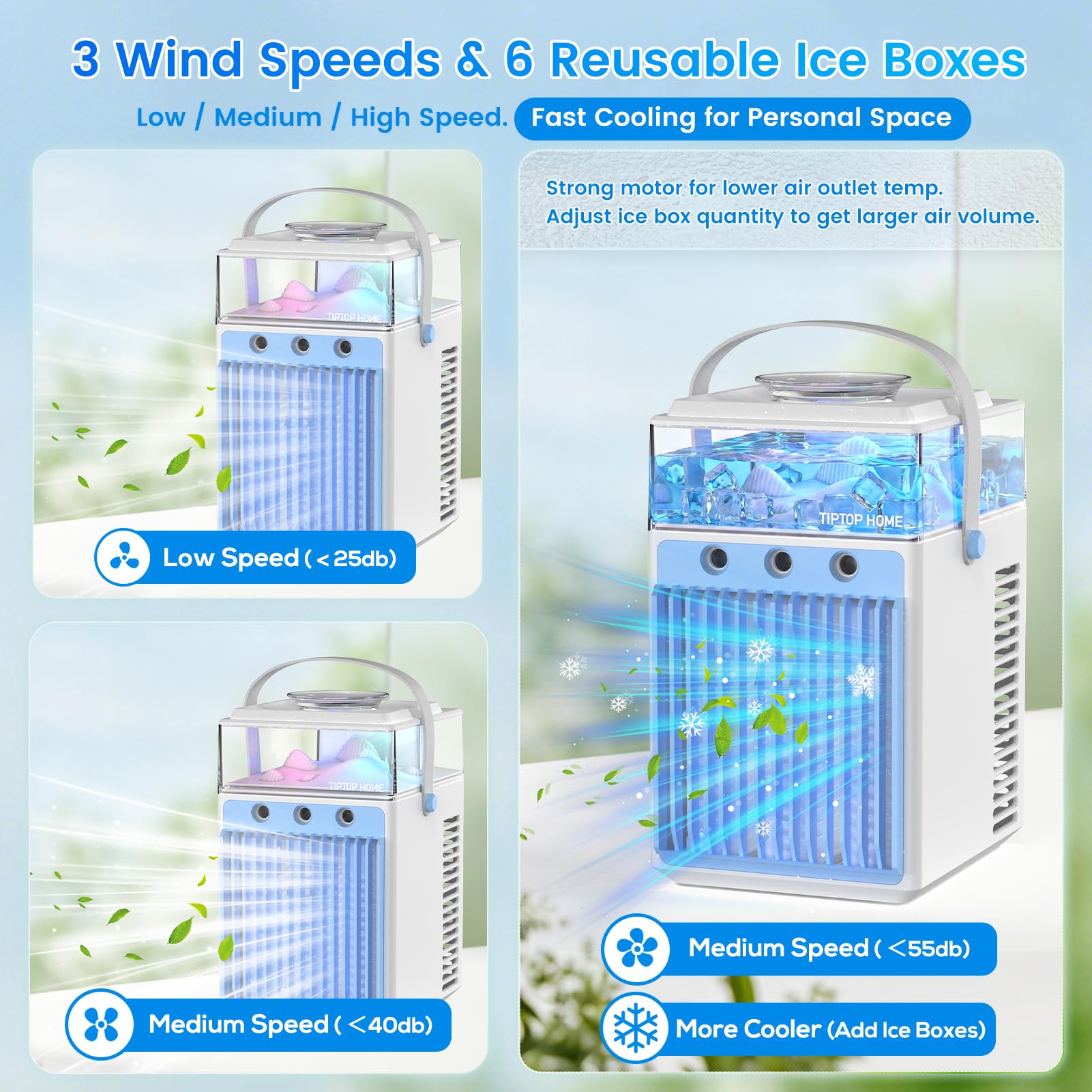 Aire Acondicionado Portátil Sin Tubo 5 en 1, Mini Aire Acondicionado Portátil, Climatizador Evaporativo con Control APP, 3 Velocidades, 3 Modos Niebla, Temporizador, Ventilador con 6 Cubiteras Hielo
