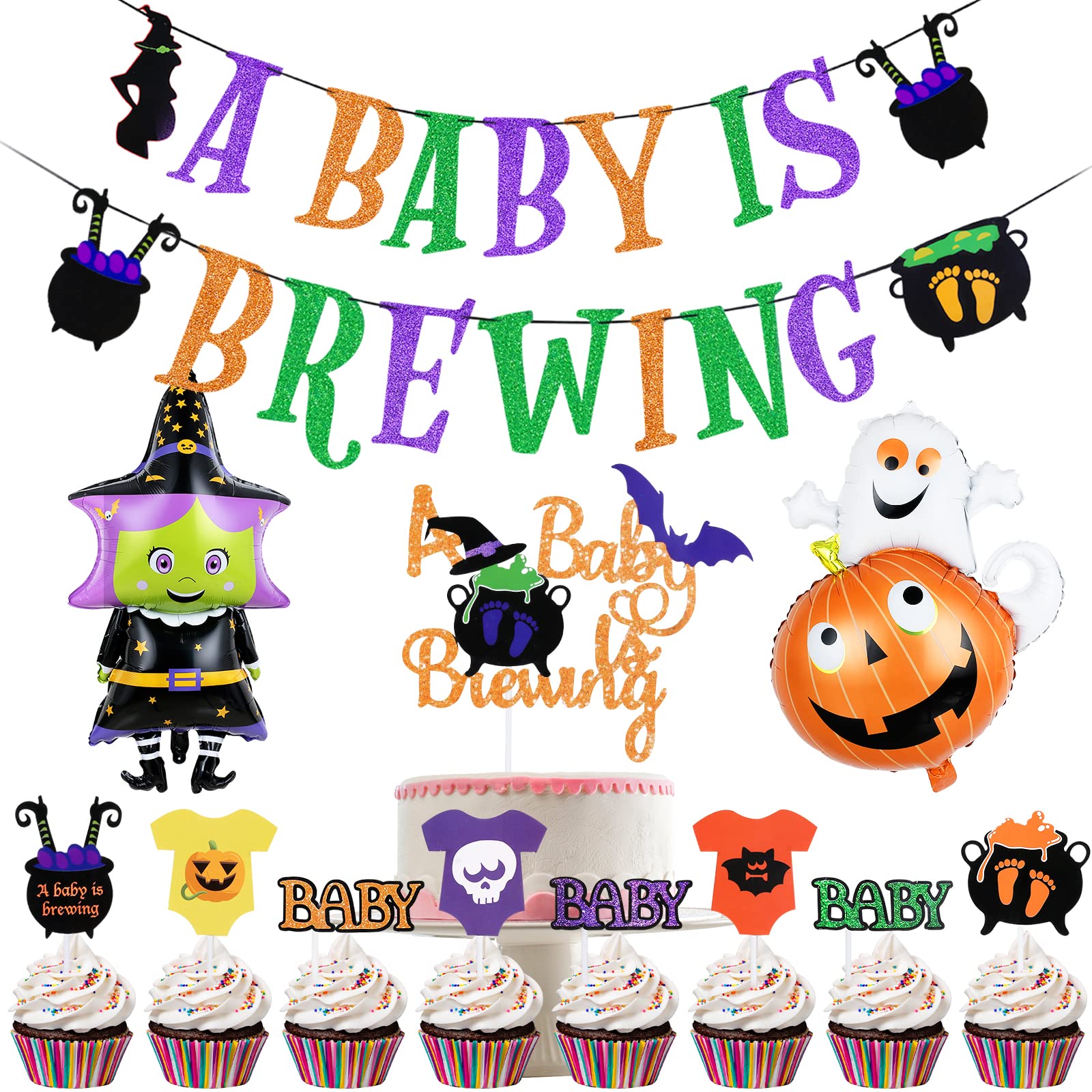 A Baby Is Brewing Halloween Baby Shower Decorations- A Baby Is Brewing Banner Baby Is Brewing Cupcake Toppers Ghost Pumpkin Witch Foil Balloons for Halloween Baby Shower Party Supplies