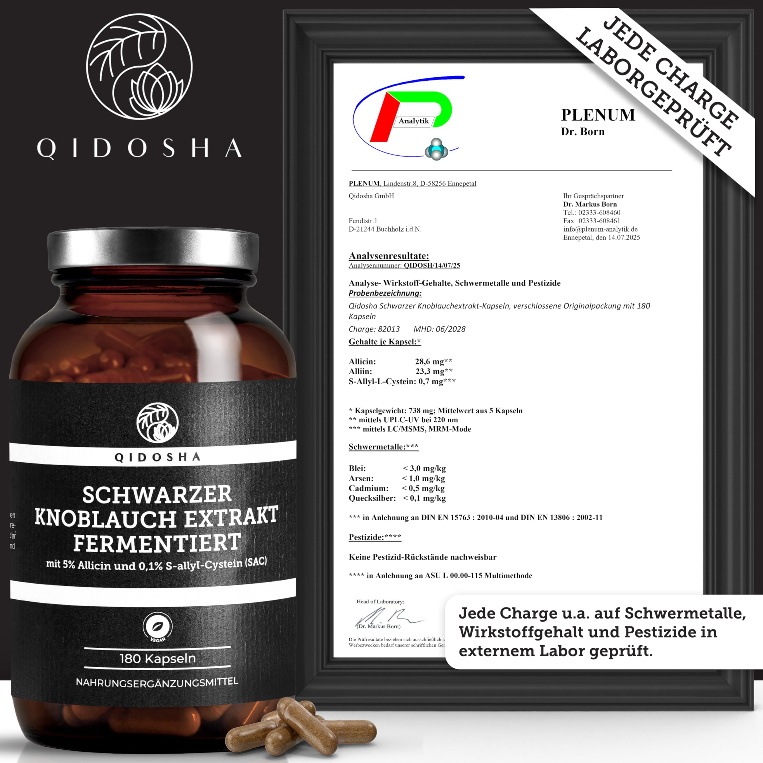 QIDOSHA® Schwarzer Knoblauch Extrakt hochdosiert, 180 Kapseln im Apothekerglas, 600mg je Kapsel, darunter 0,6 mg S-Allyl-Cystein (SAC), deutsche Fertigung, jede Charge laborgeprüft