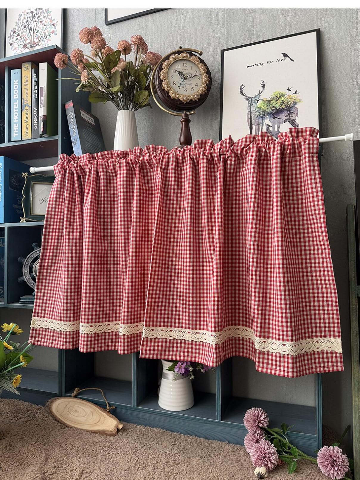 A.Monamour Tenda da cucina in cotone rosso e bianco a quadri in pizzo rurale a quadretti mezza corta tenda da cucina mantovana per piccole finestre bar bistrot