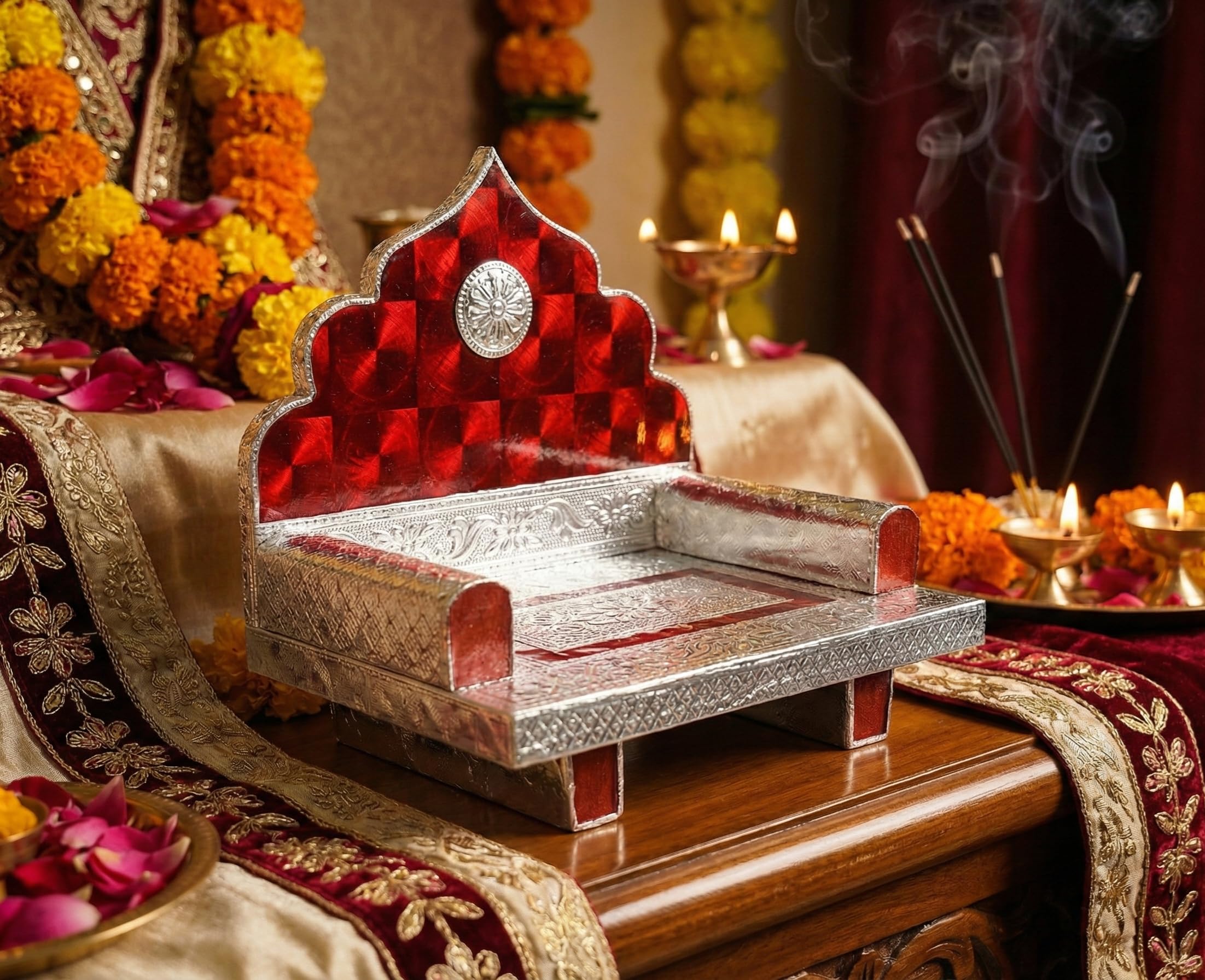Nand Gopal Traders laddu Gopal Singhasan For Pooja Mandir and Beautiful handmade wooden singhasan with creative design Silver Colour (Length-6 inch, Height-6 inch,Breadth- 5 inch)-image-10