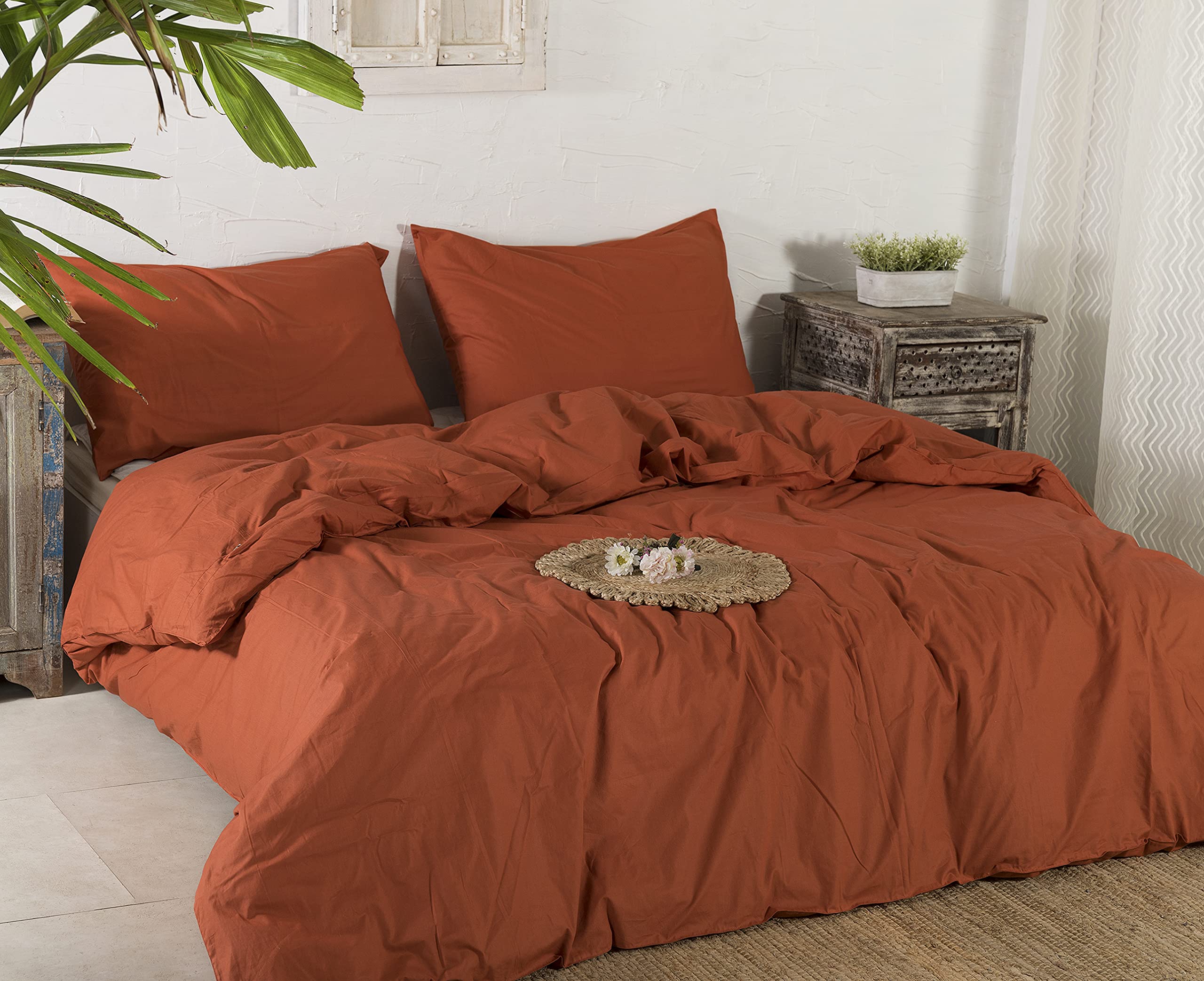 Madhu InternationalLuxury Washed Duvet Cover (Rust) 3 Piece Solid Pattern Soft Farmhouse Bedding Set Made from Cotton Fabric with Zipper Closure and Corner Ties - Twin, 68" x 90"