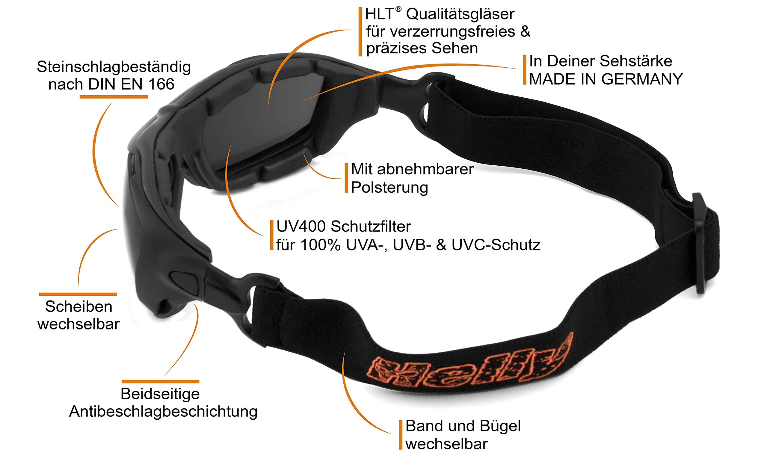HELLY – No.1 Bikereyes® | Occhiali da moto multifunzionali, imbottiti, antiappannamento, antivento – lenti di sicurezza HLT® intercambiabili per il giorno e la notte, aste e cinturino, per caschi jet