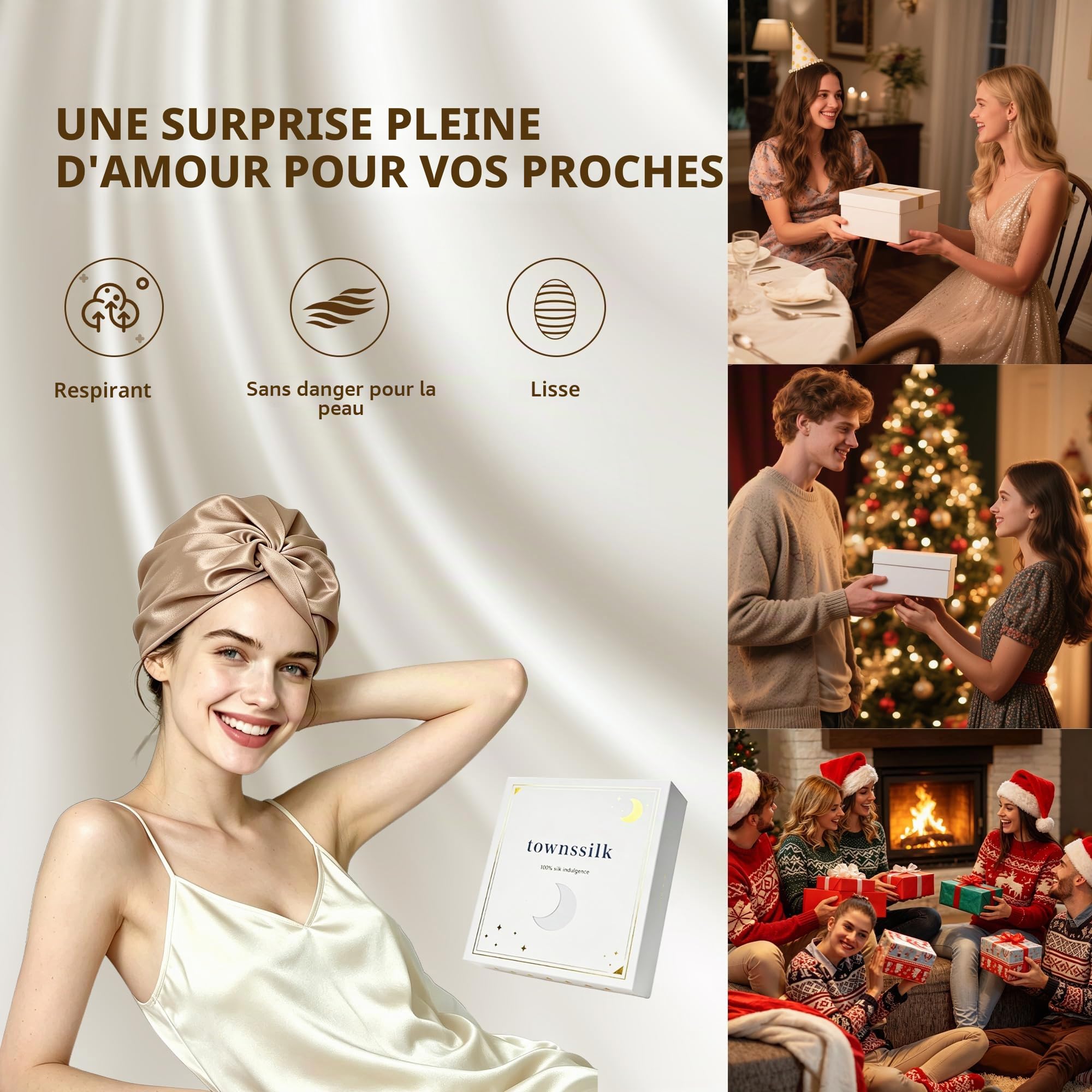 townssilk Bonnet de nuit 100% soie de mûrier pour femme, bonnet de nuit 16 momme en soie, bon pour les cheveux, protège les cheveux, bonnet de nuit en soie, double couche,coffee