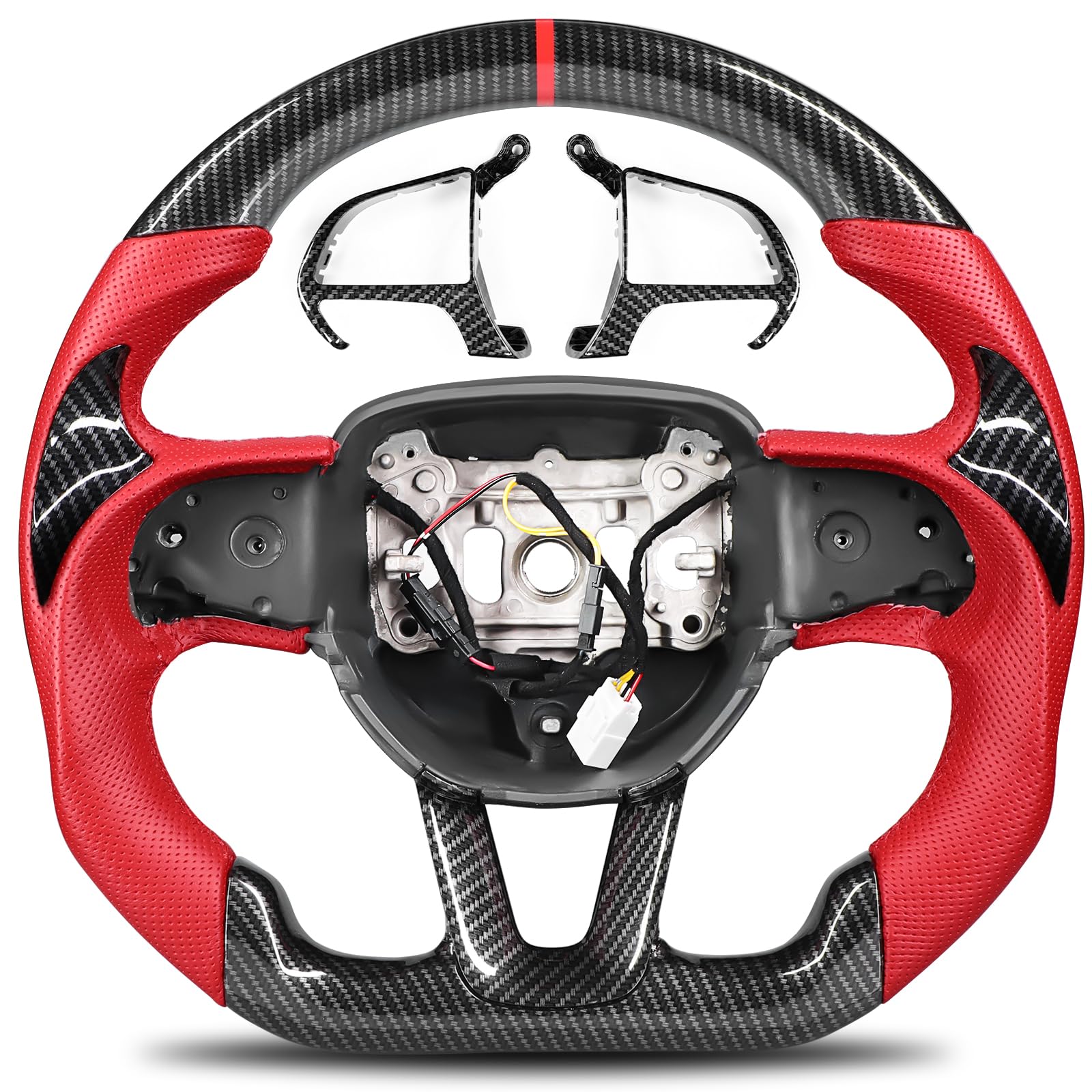 Hydro-Dip Carbon Fiber Steering Wheel for Dodge Challenger/Charger/Durango (2015–2024), D-Shape, Red Perforated Nappa Leather with Heating and Carbon Grip Inserts