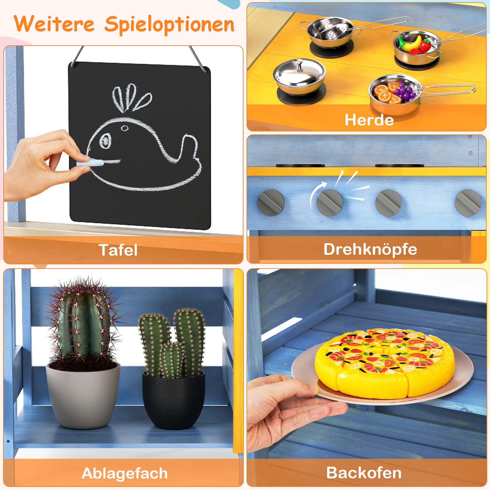 COSTWAY Matschküche mit Picknicktisch & Bank, Kinderküche Tannenholz mit Dessertzubehör Küchengeschirr und Tafel, Spielküche Outdoor Küche für Kinder ab 3 Jahren (Hellblau)
