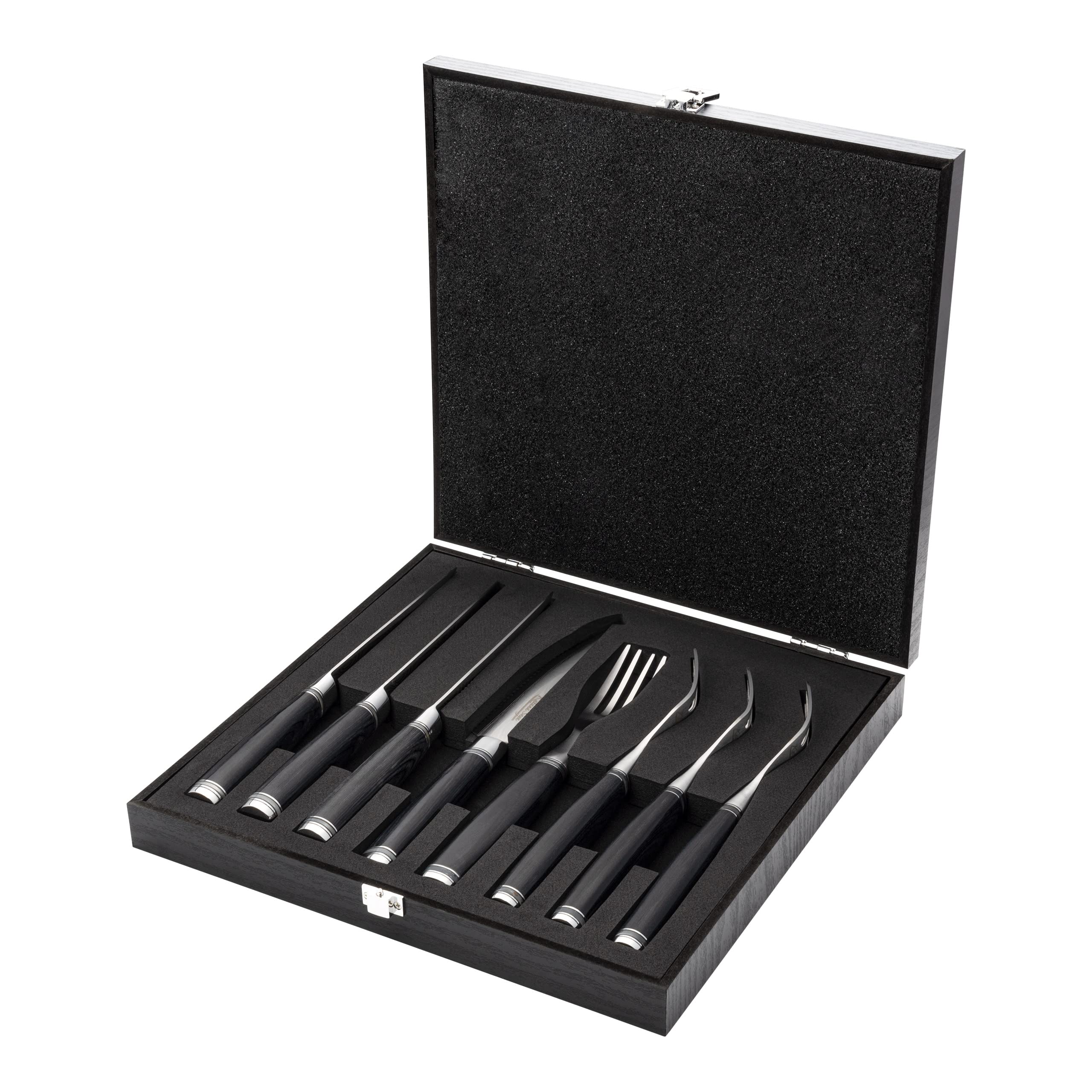 Juego de cuchillos y tenedores para carne 8 piezas, acero damasco VG-10, mangos de madera de pakka