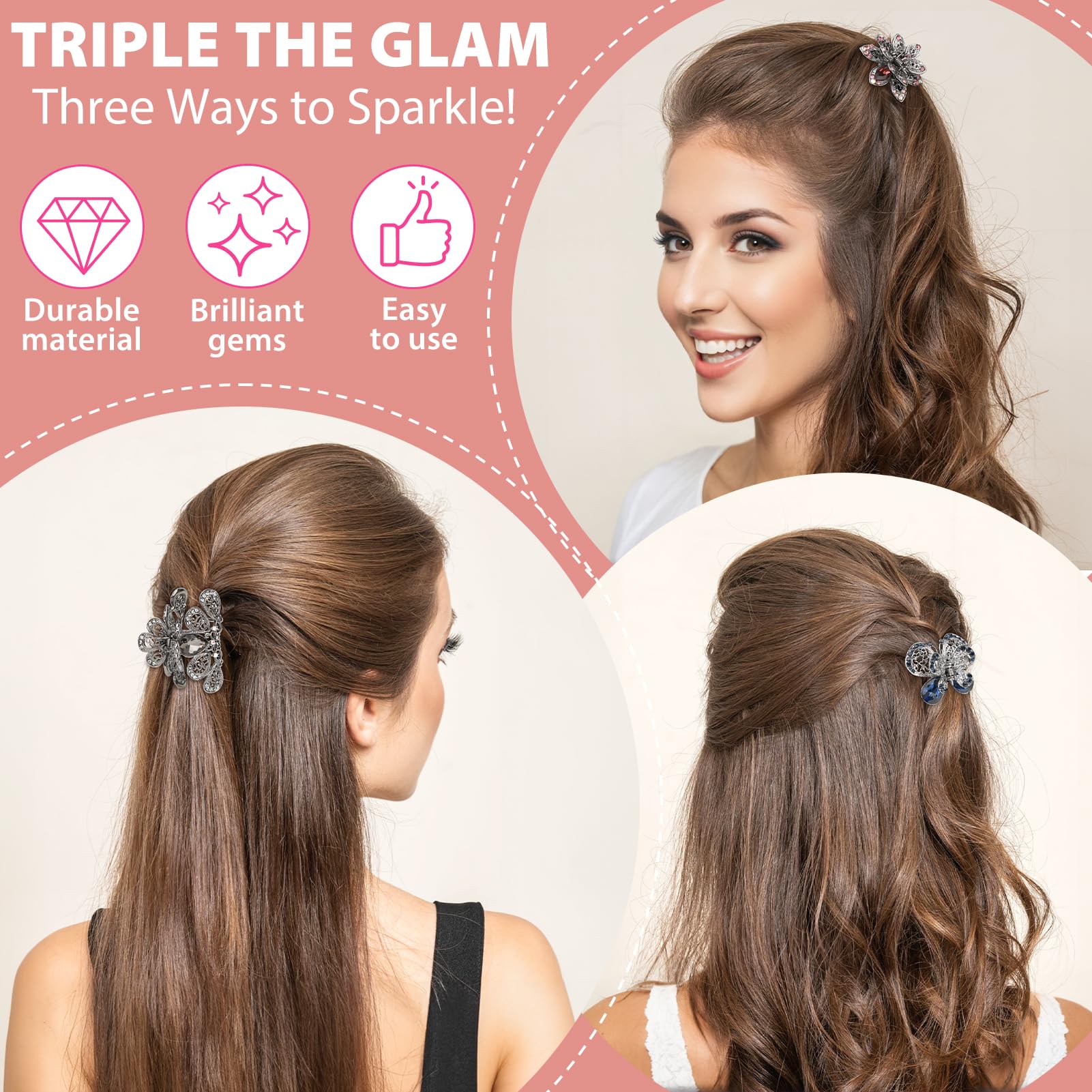 3pc Hair Claw Clips Crystal Rhinestone Metal Thick Hair Accessories Amazon.com : kilofly 3pc Vintage Crystal Hair Claw Clips  main image 3