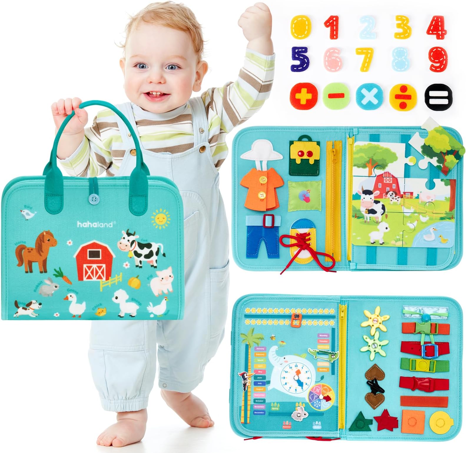 hahaland Montessori Busy Board for Children of 3+ Years Old, Activity Sensory Book Offers Preschool Educational Skill Learning, Quiet Travel Toys for Plane Car, Birthday Gifts for Girls - Green Farm