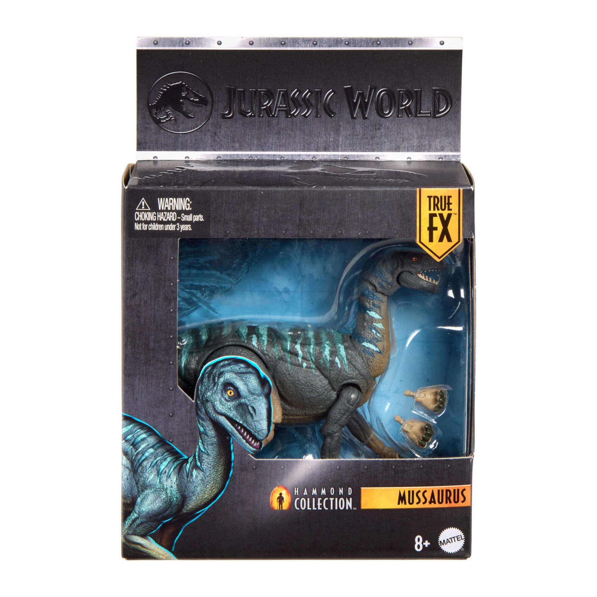 Mattel Jurassic World Colección Hammond Mussaurio Figura de acción de Dinosaurio, diseño de Primera Calidad con Ojos realistas, 15 Puntos de articulación y Patas adicionales, JKM89